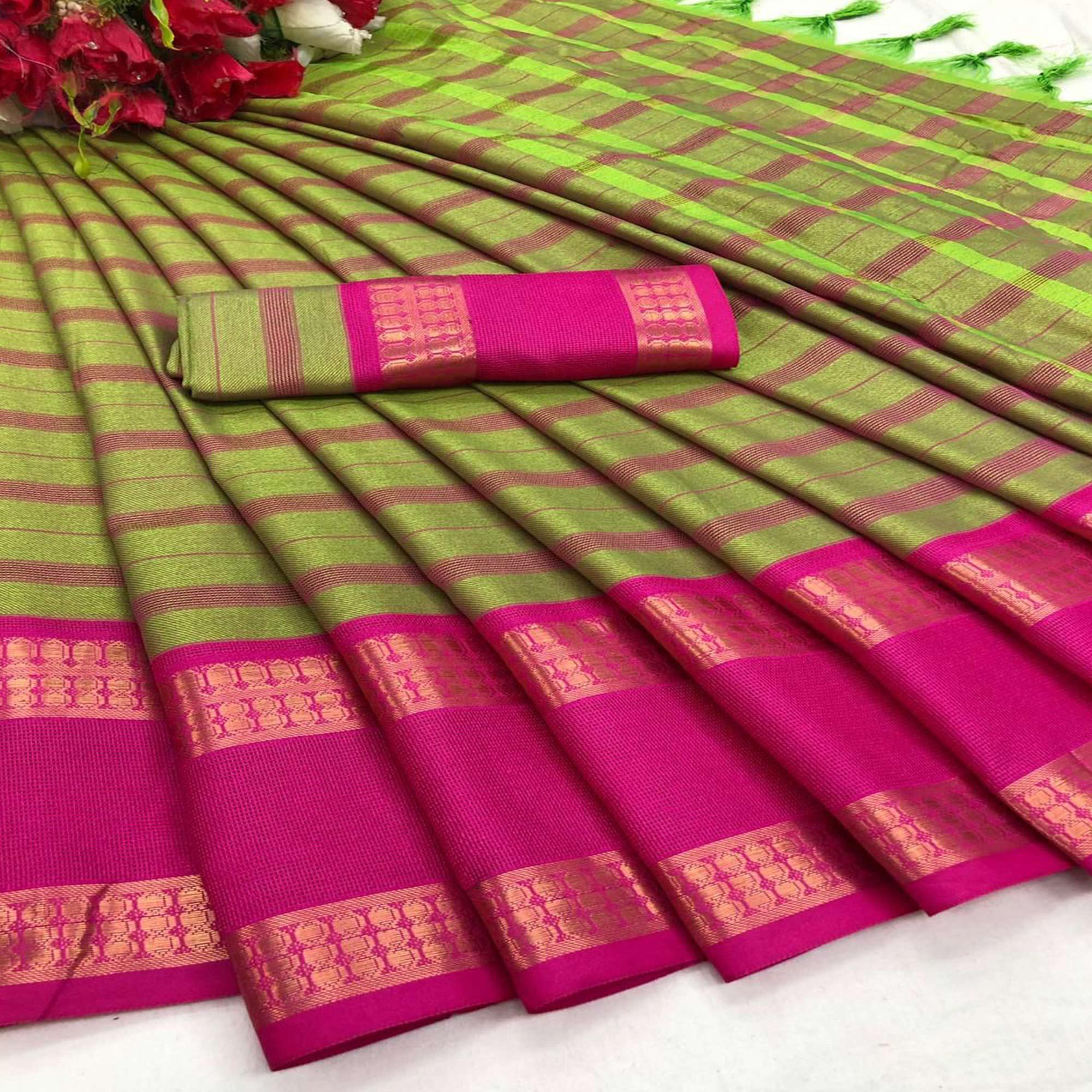Parrot Green Festive Wear Woven Heavy Rich Cotton Silk Saree - Peachmode