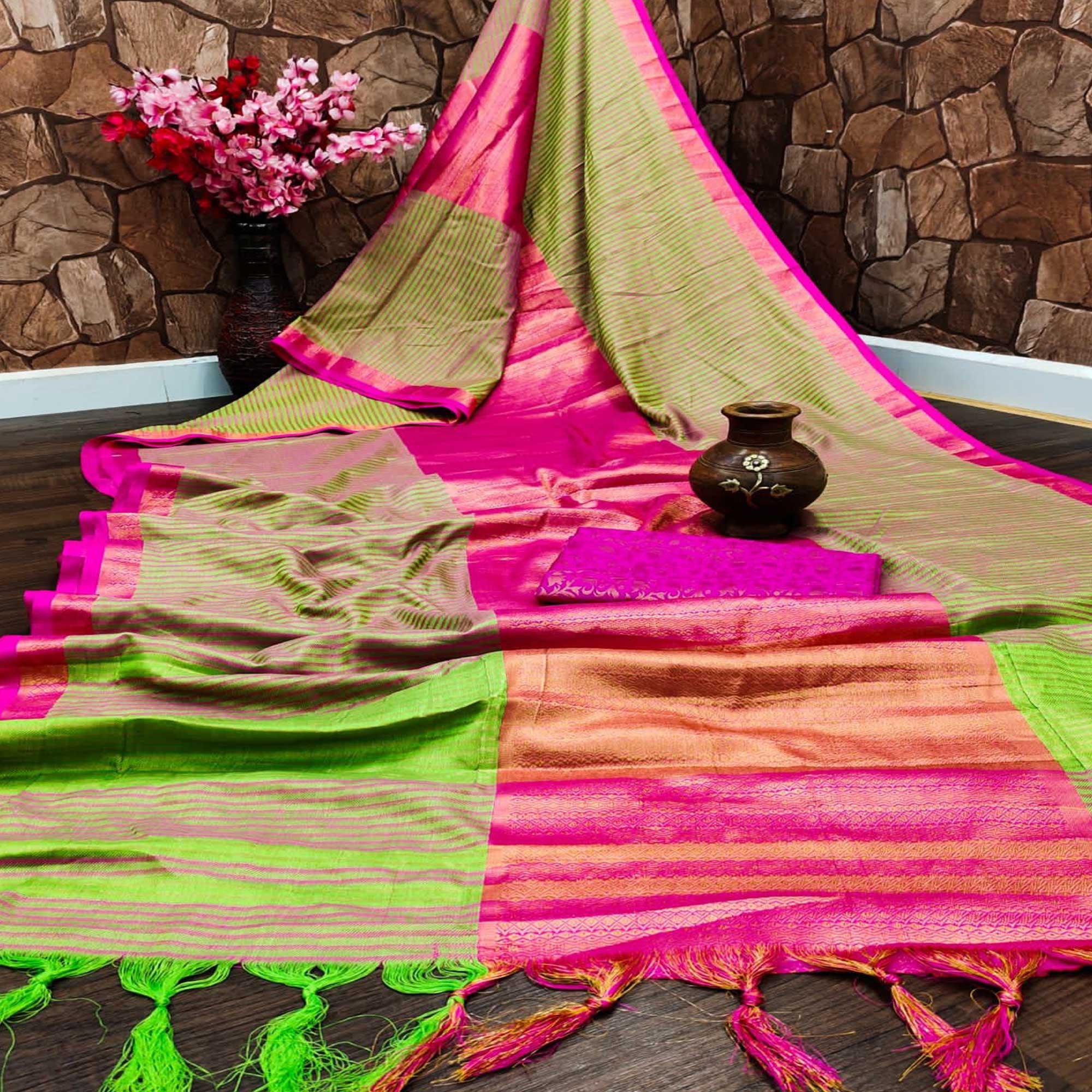 Parrot Green Festive Wear Woven Heavy Rich Cotton Silk Saree - Peachmode