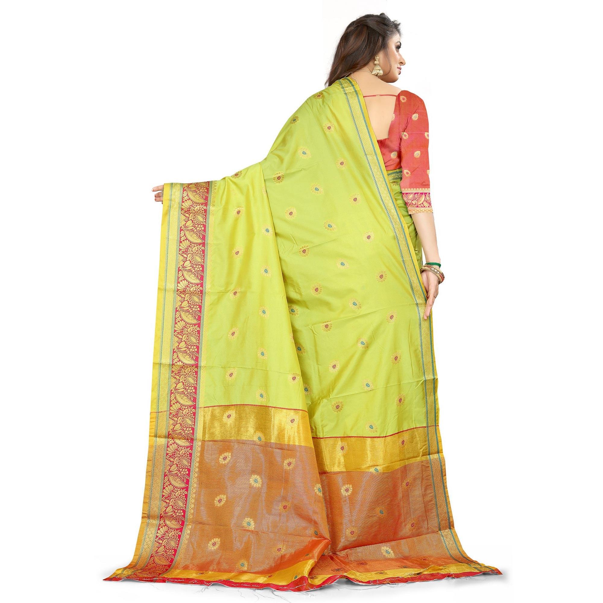 Parrot Green Festive Wear Woven Maithili Silk Saree - Peachmode