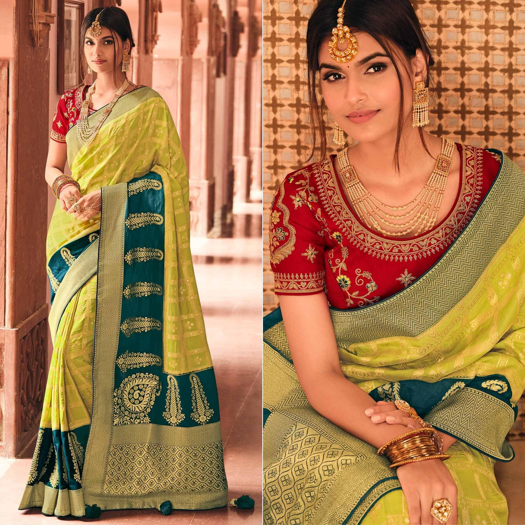 Parrot Green Festive Wear Woven Silk Saree - Peachmode