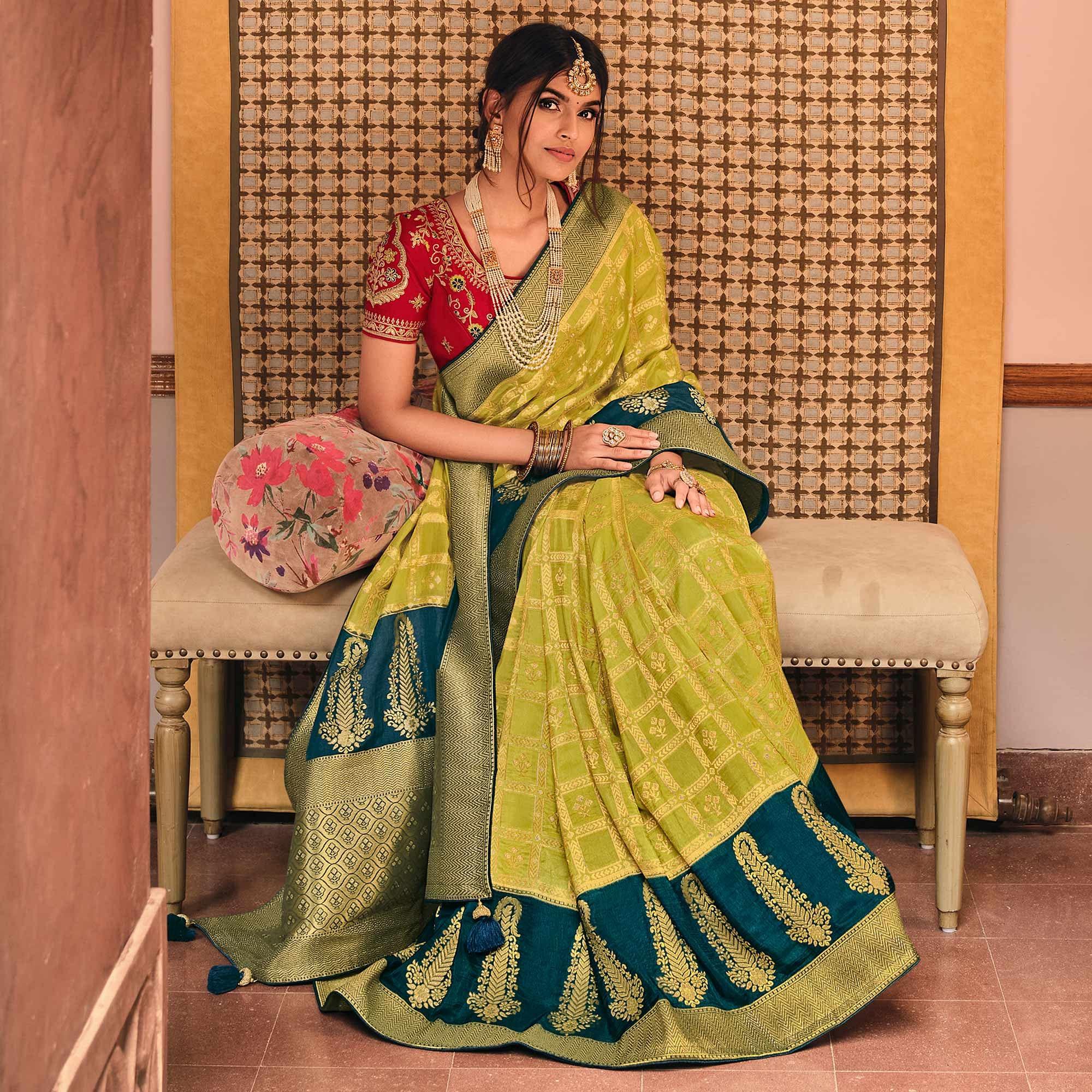Parrot Green Festive Wear Woven Silk Saree - Peachmode