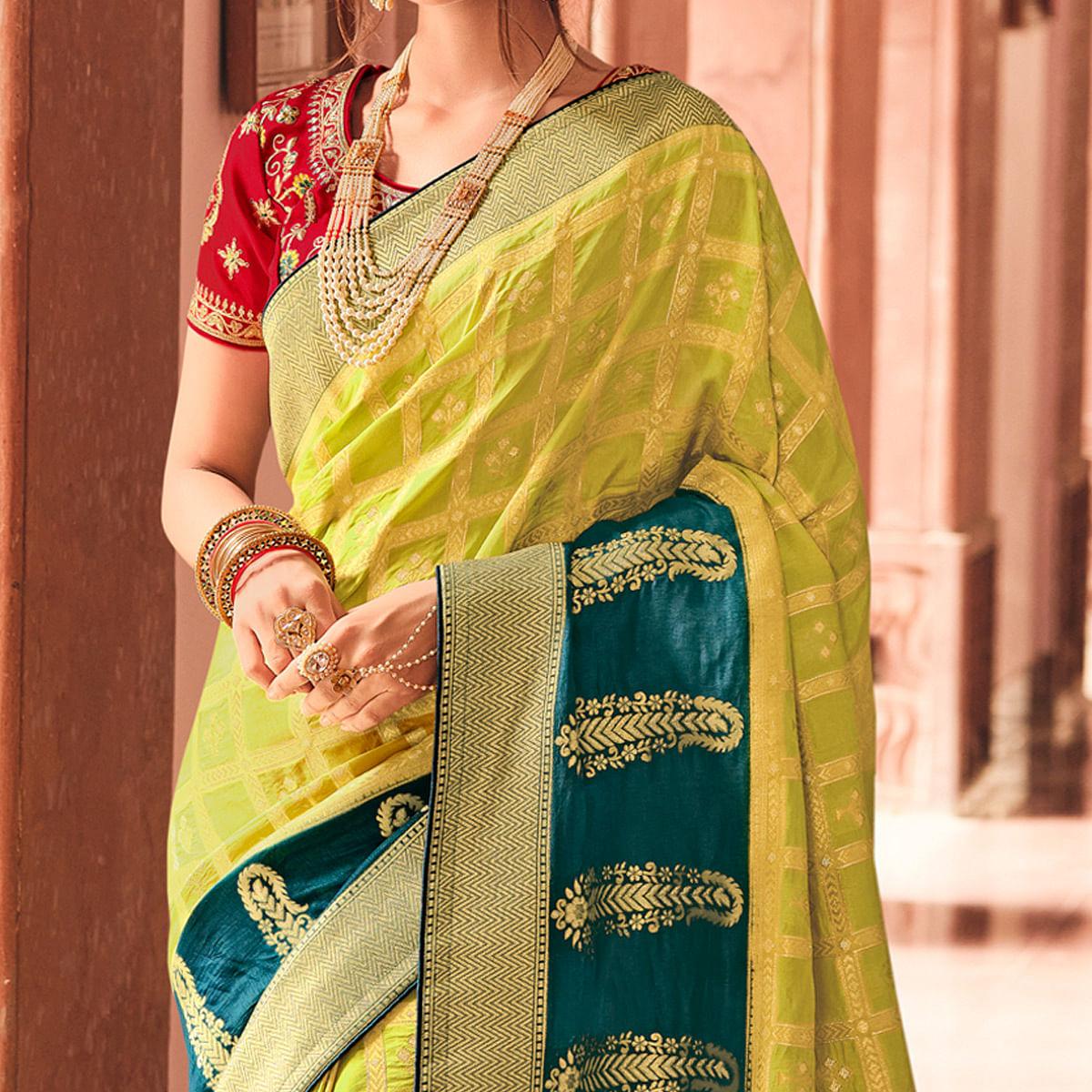 Parrot Green Festive Wear Woven Silk Saree - Peachmode
