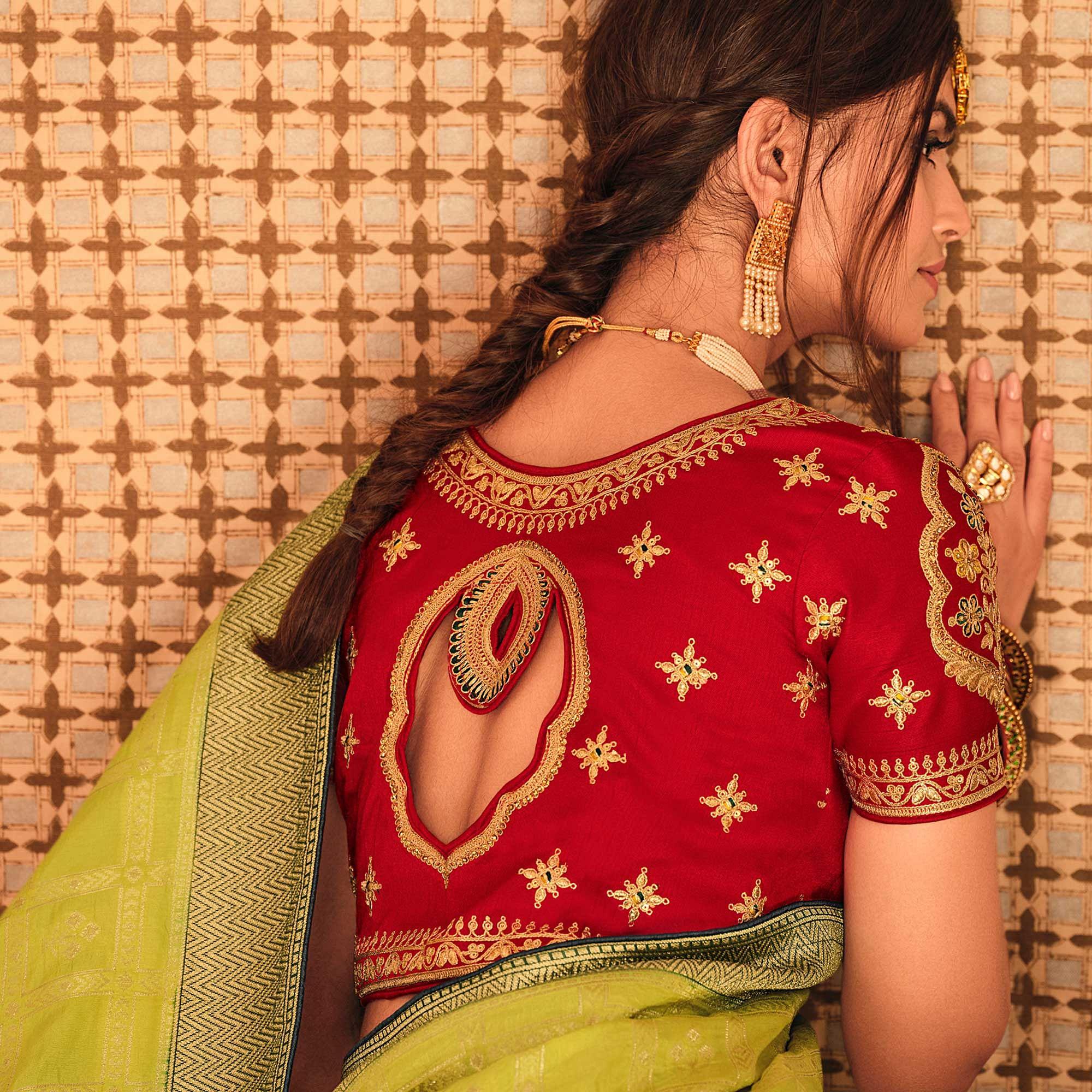 Parrot Green Festive Wear Woven Silk Saree - Peachmode