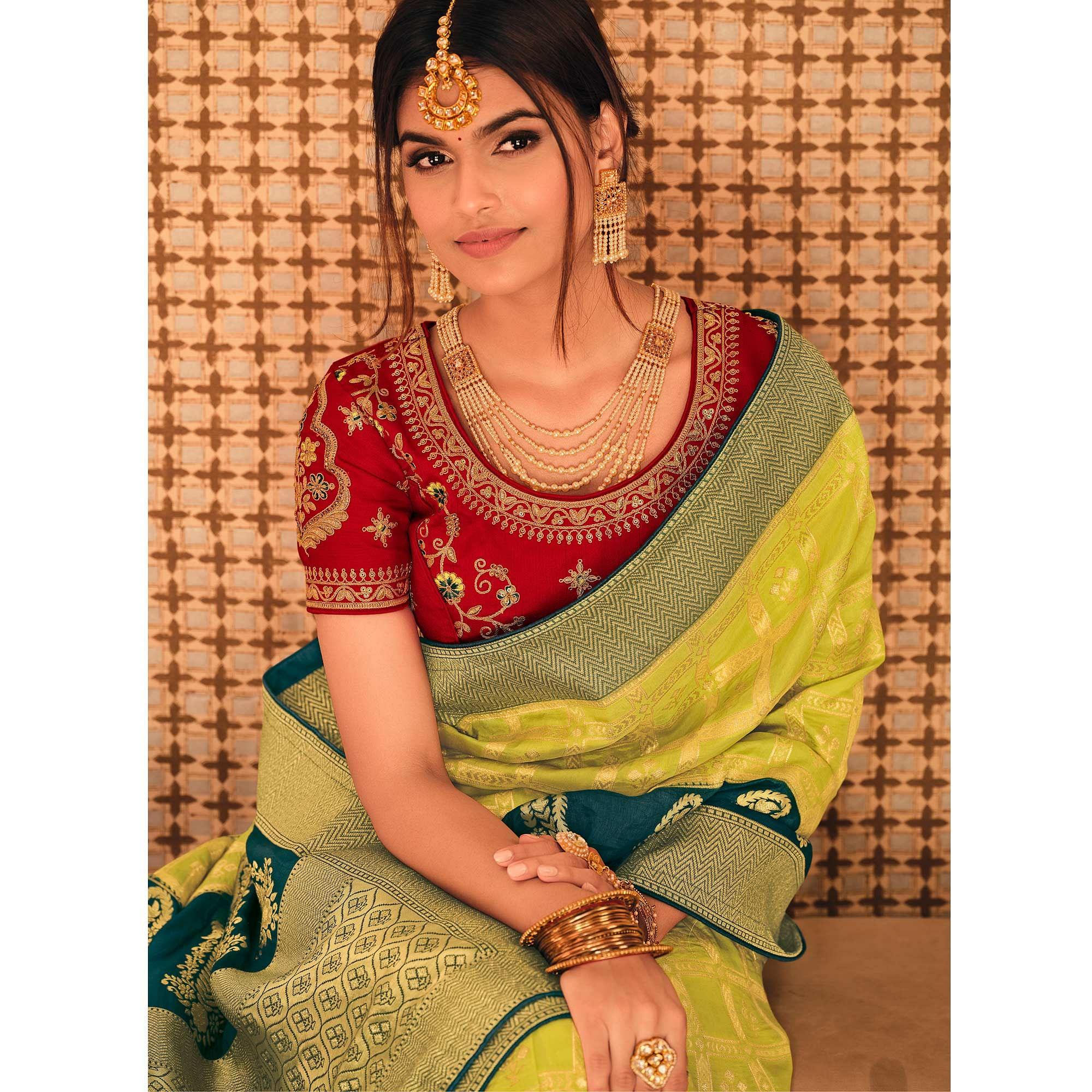 Parrot Green Festive Wear Woven Silk Saree - Peachmode