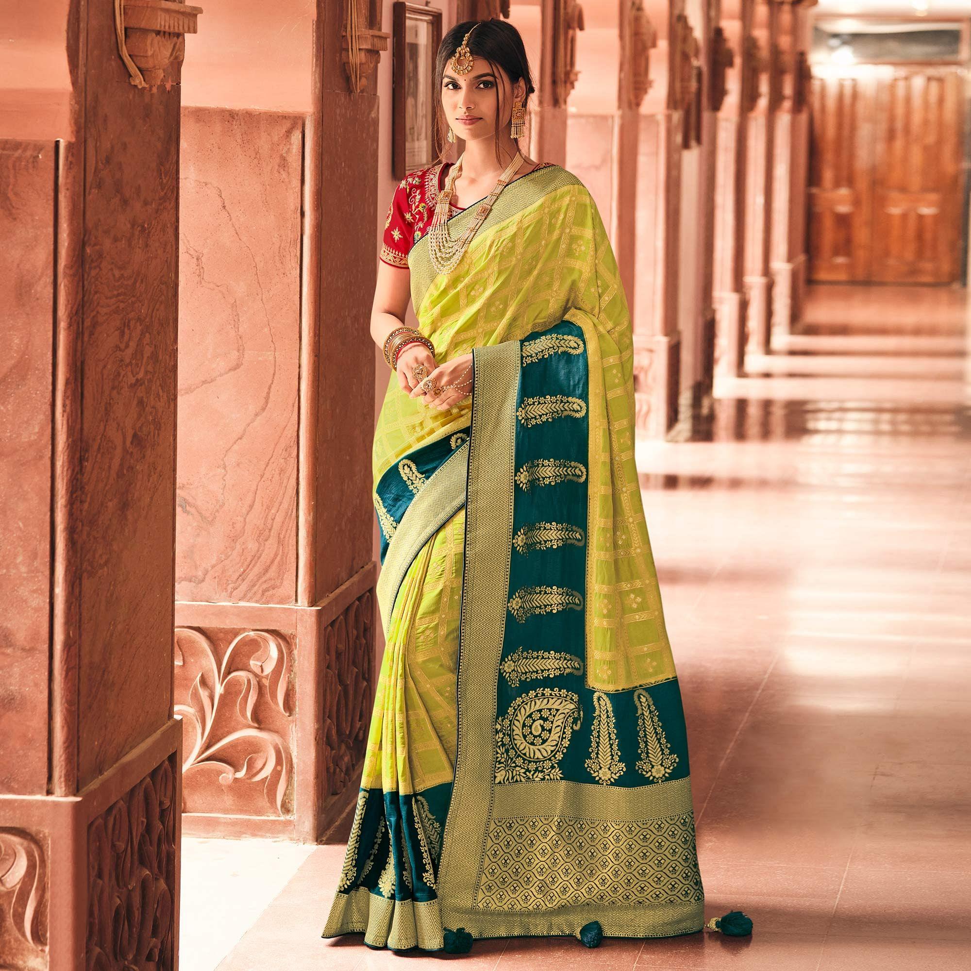 Parrot Green Festive Wear Woven Silk Saree - Peachmode
