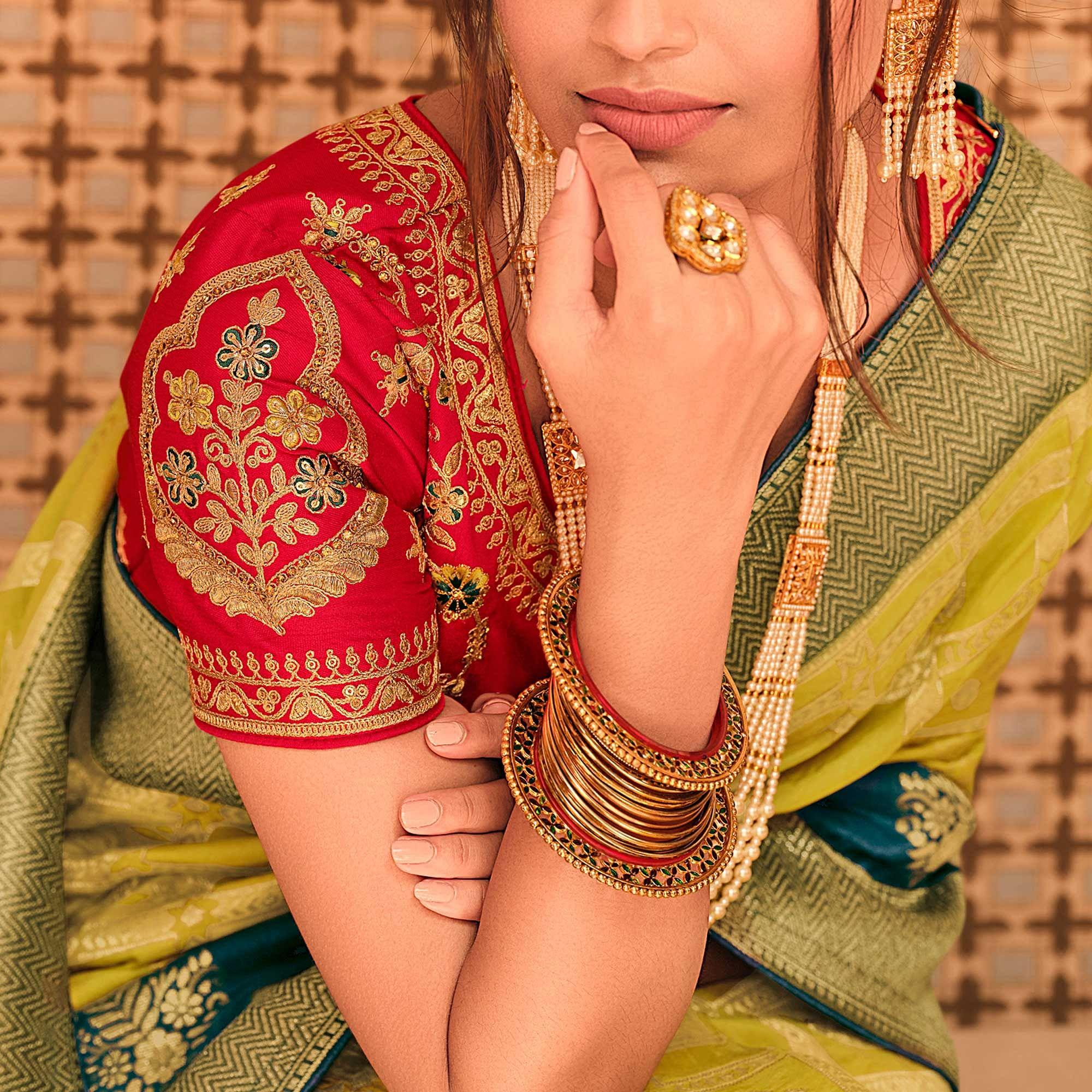 Parrot Green Festive Wear Woven Silk Saree - Peachmode
