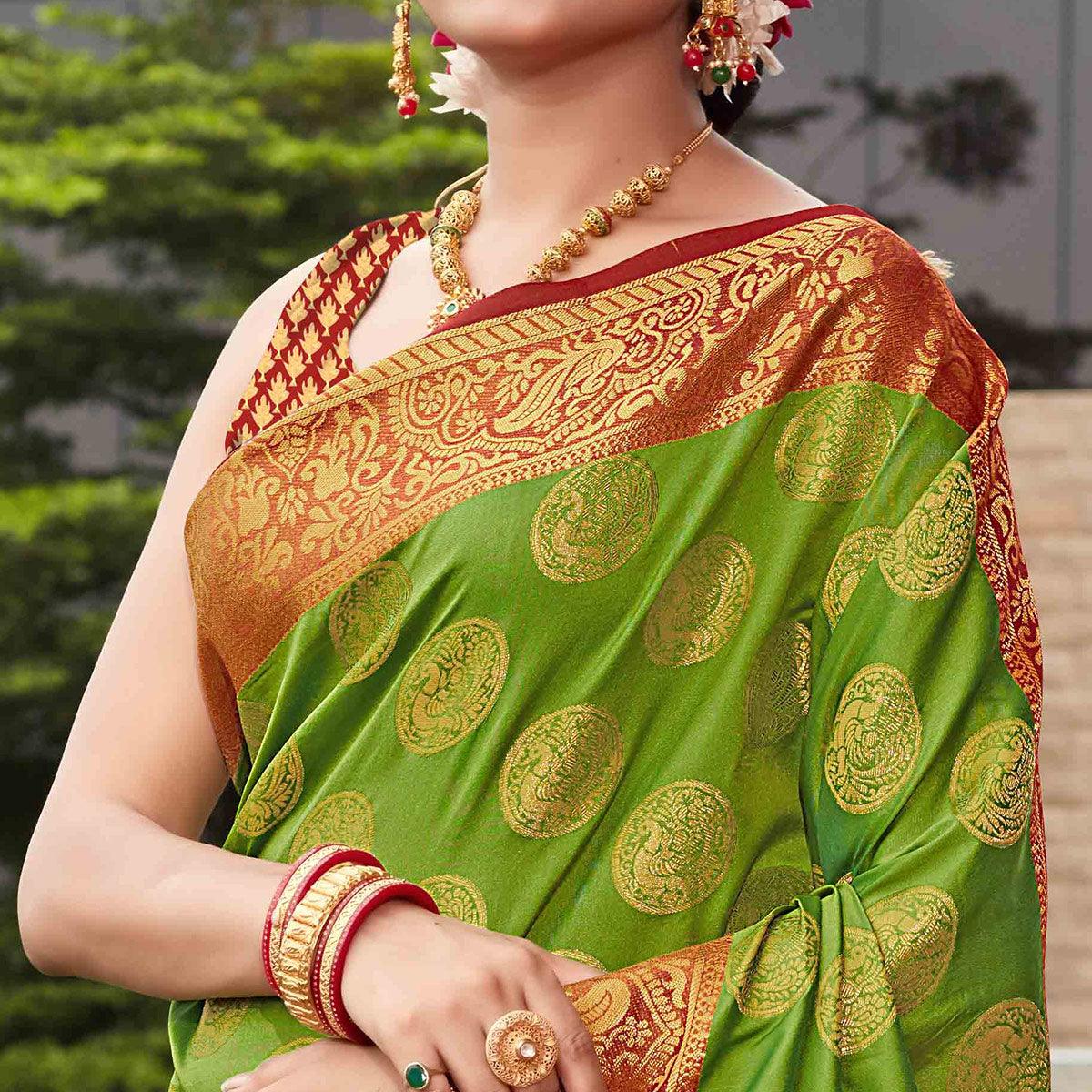 Parrot Green Festive Wear Woven Silk Saree With Meena Butta Rich Pallu - Peachmode