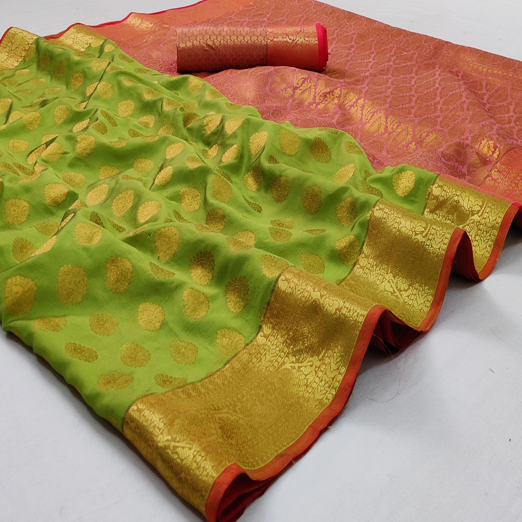 Parrot Green Festive Wear Woven Silk Saree With Rich Pallu - Peachmode