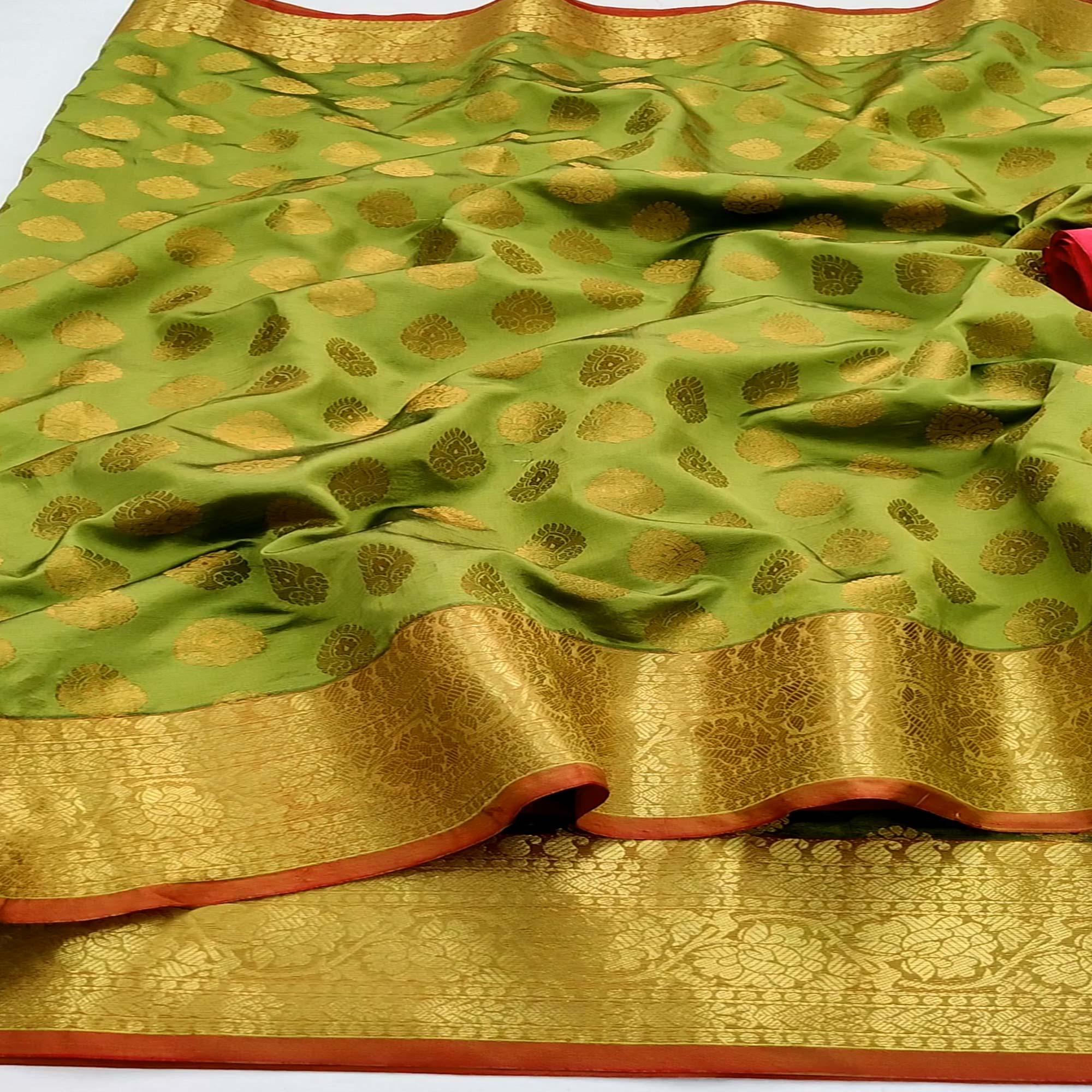 Parrot Green Festive Wear Woven Silk Saree With Rich Pallu - Peachmode