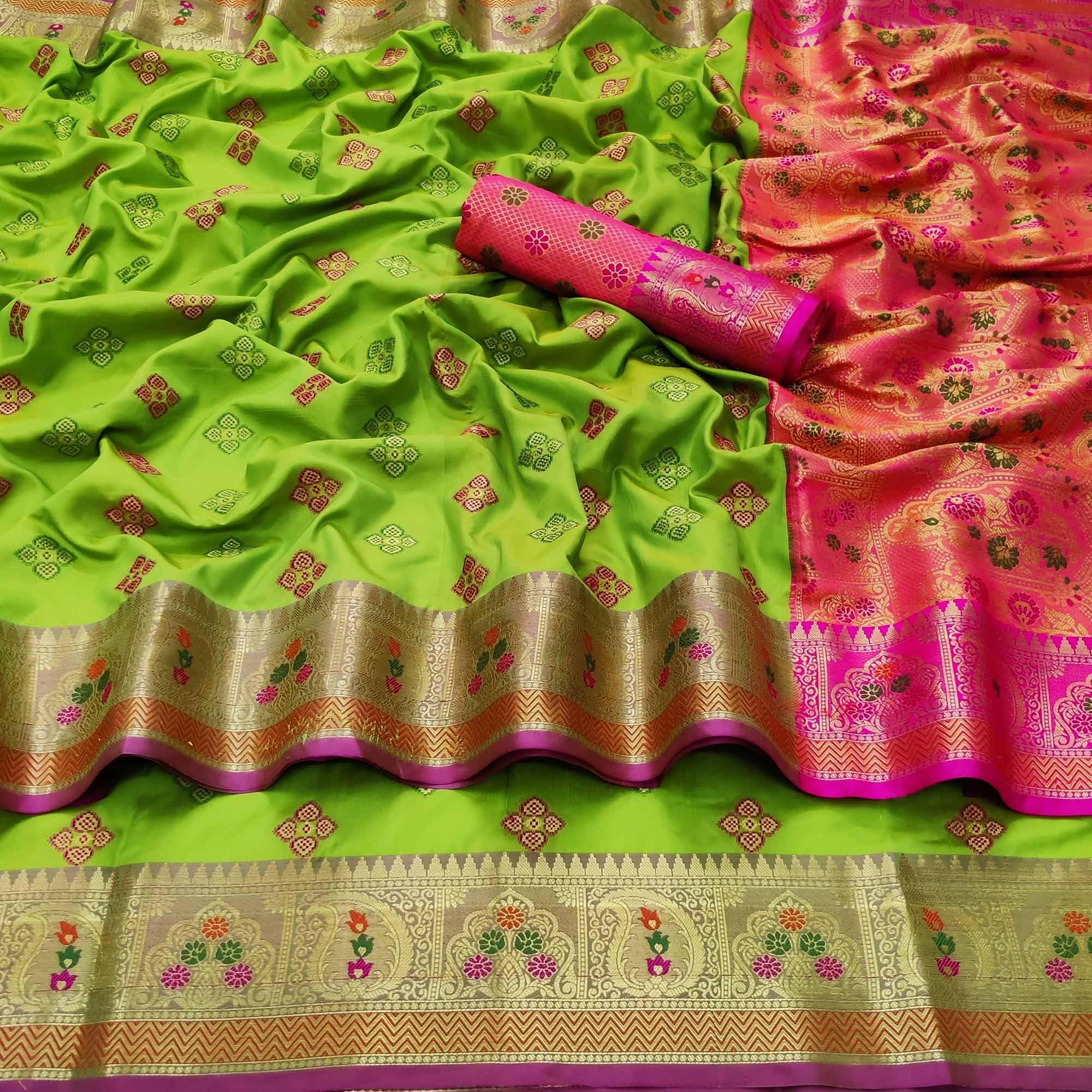 Parrot Green Festive Wear Woven Soft Banarasi Silk Saree - Peachmode