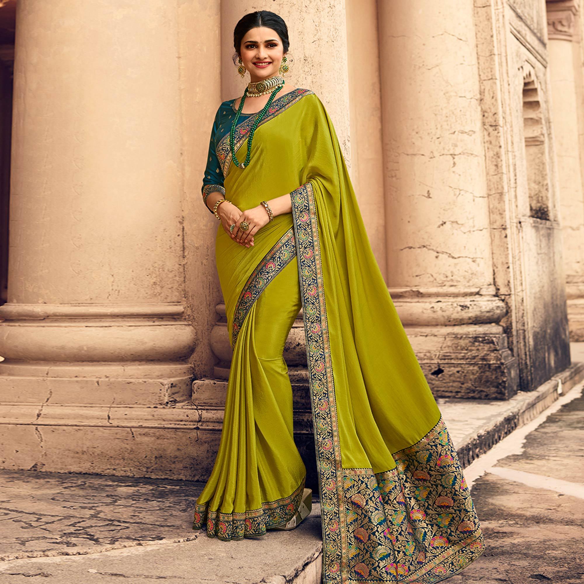 Parrot Green Festive Wear Zari Woven With Jacquard Lace & Pallu Sana Silk Saree - Peachmode