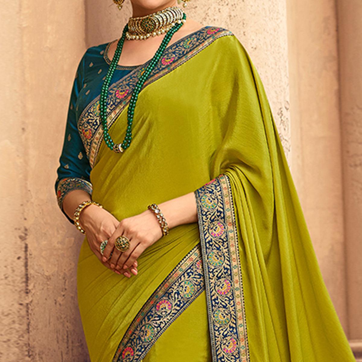 Parrot Green Festive Wear Zari Woven With Jacquard Lace & Pallu Sana Silk Saree - Peachmode