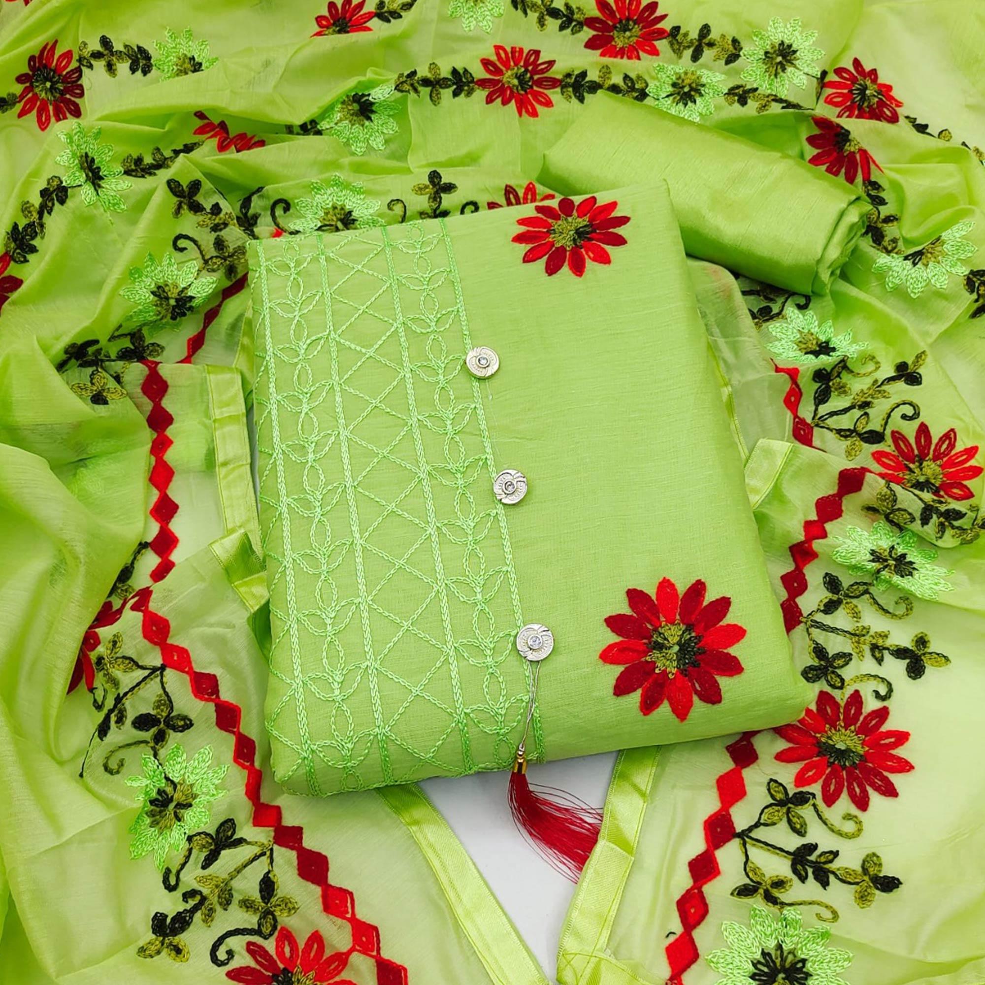 Parrot Green Floral Embroidered Chanderi Dress Material - Peachmode