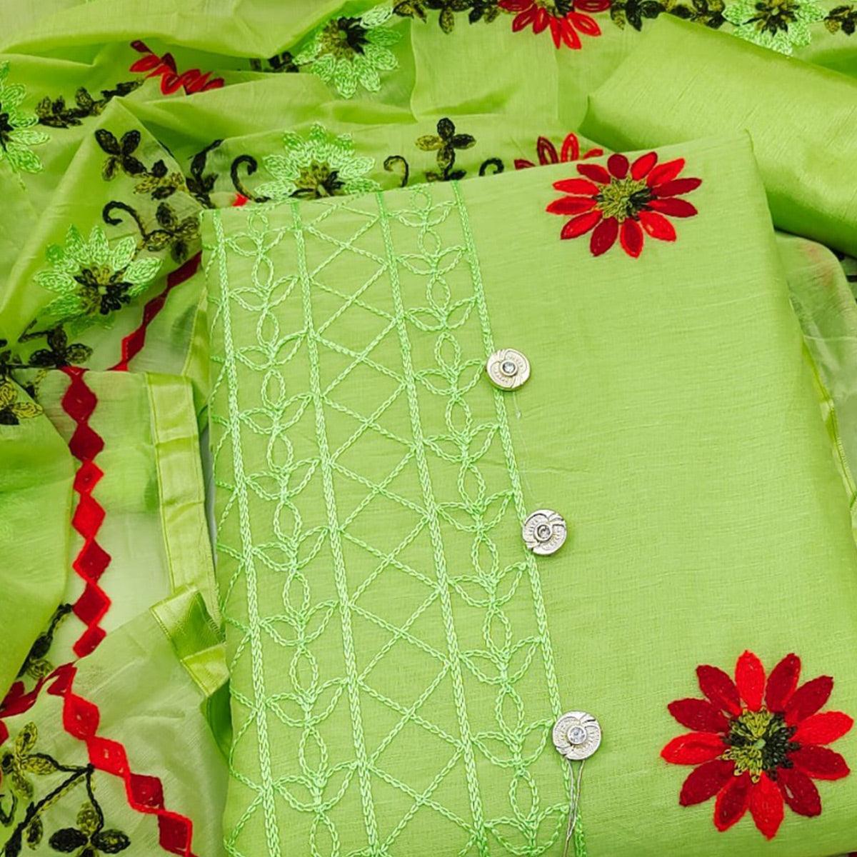Parrot Green Floral Embroidered Chanderi Dress Material - Peachmode