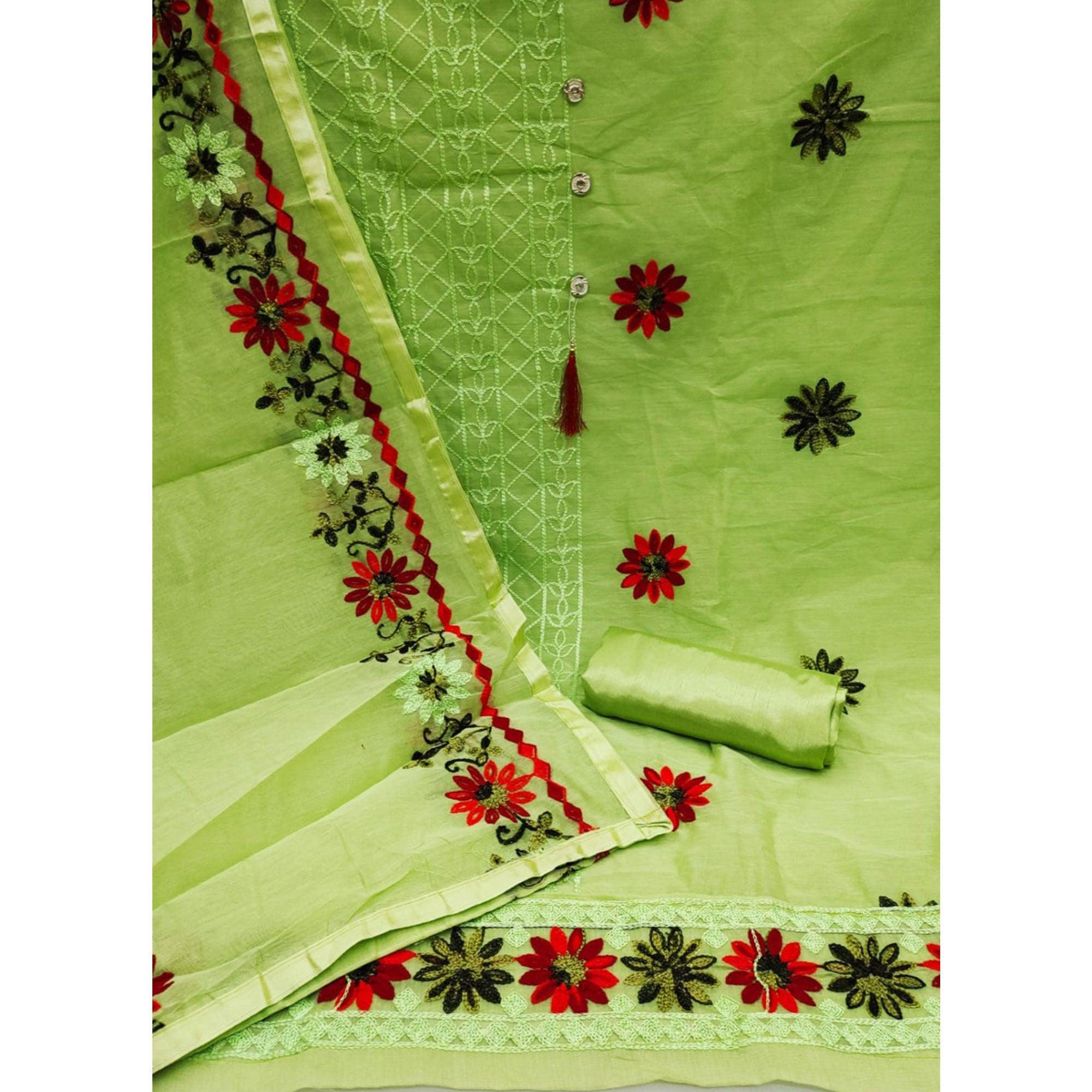 Parrot Green Floral Embroidered Chanderi Dress Material - Peachmode