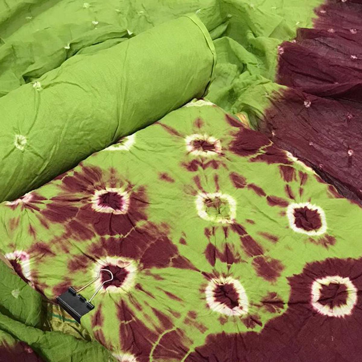 Parrot Green-Maroon Bandhani Printed Pure Cotton Dress Material - Peachmode