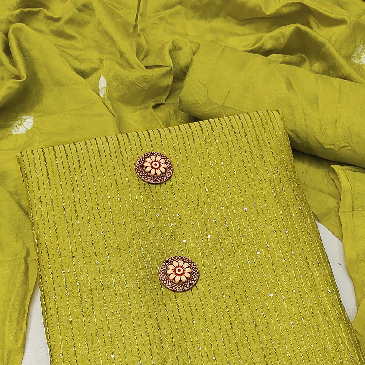 Parrot Green Sequence Embroidered Chanderi Dress Material - Peachmode