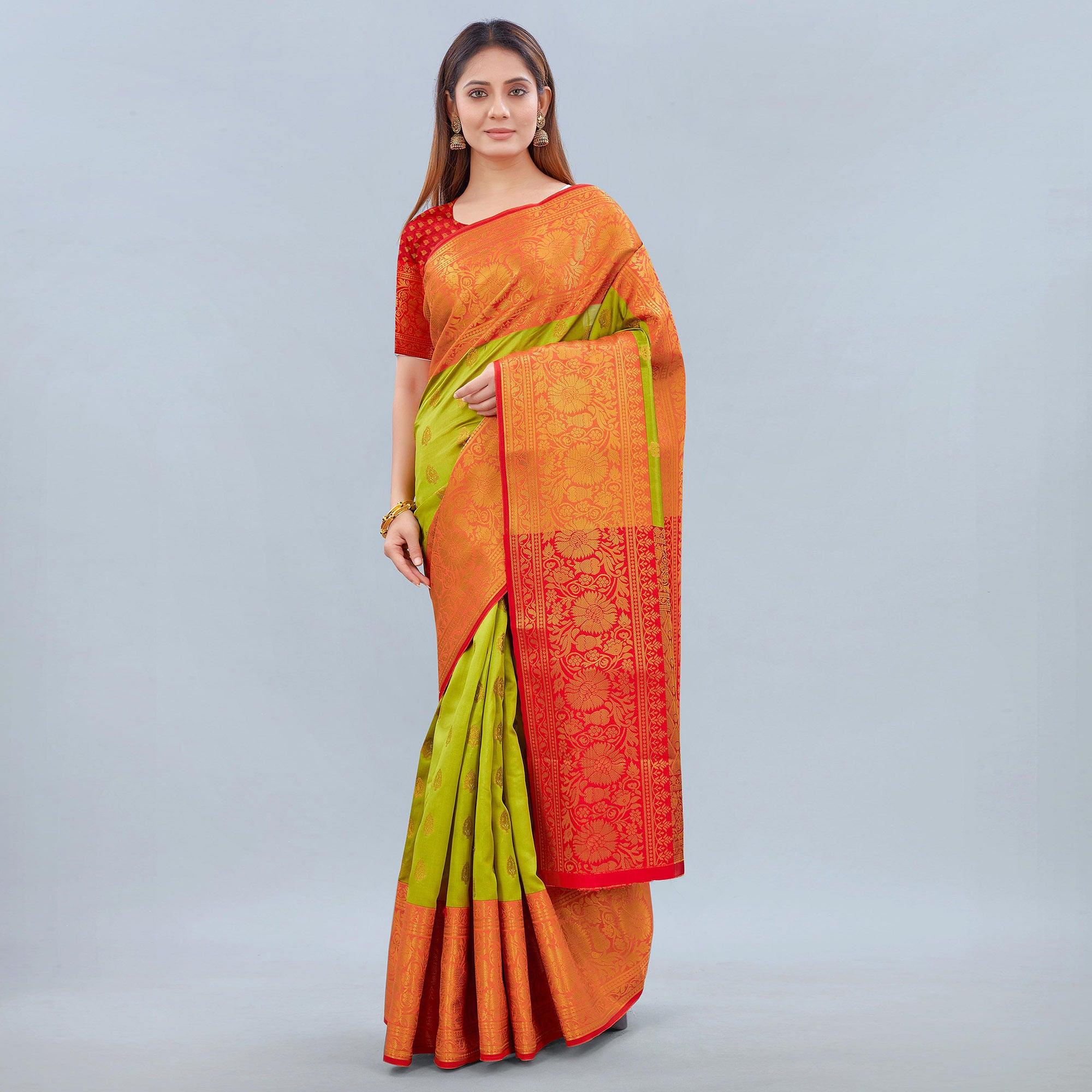 Parrot Green Woven Banarasi Silk Saree - Peachmode