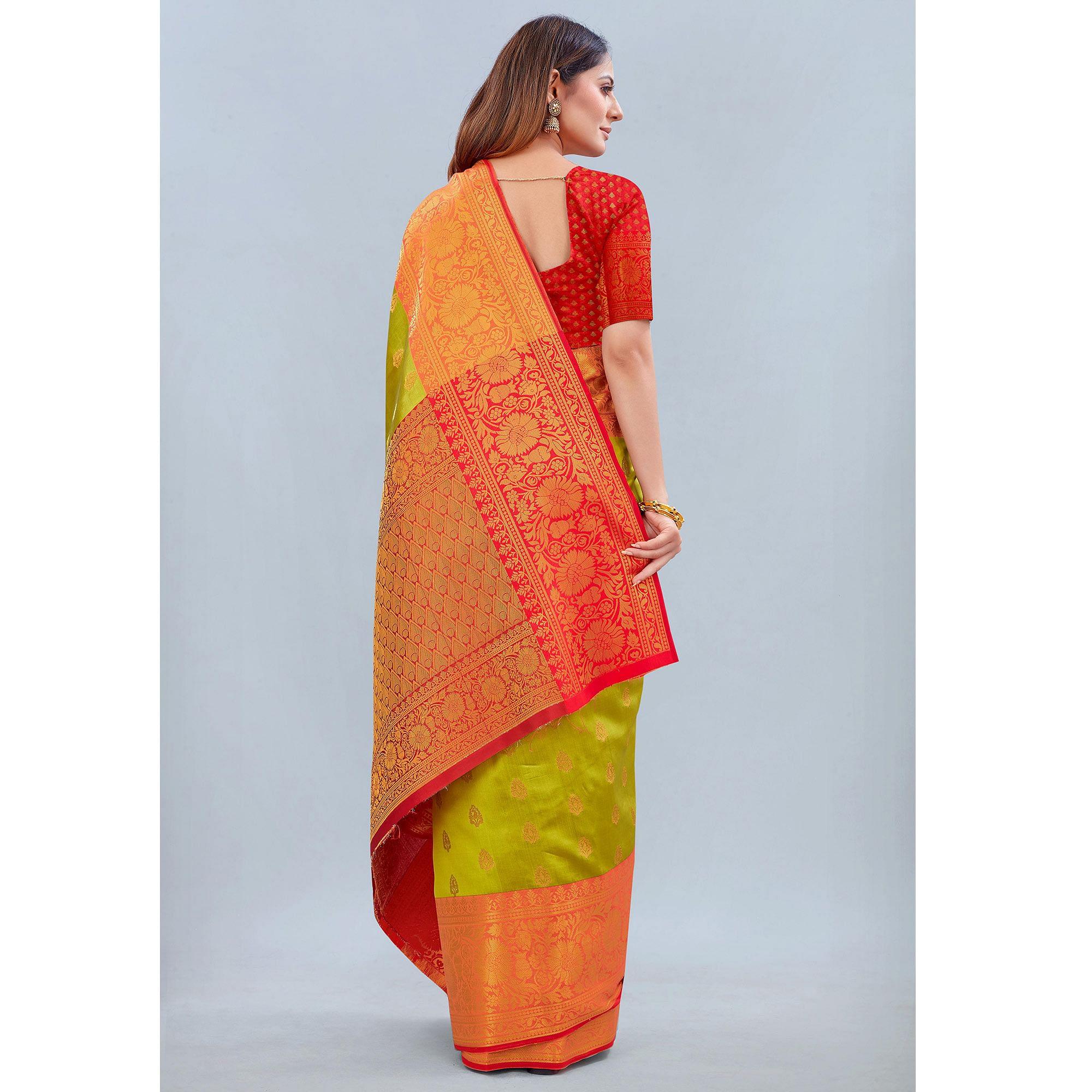 Parrot Green Woven Banarasi Silk Saree - Peachmode