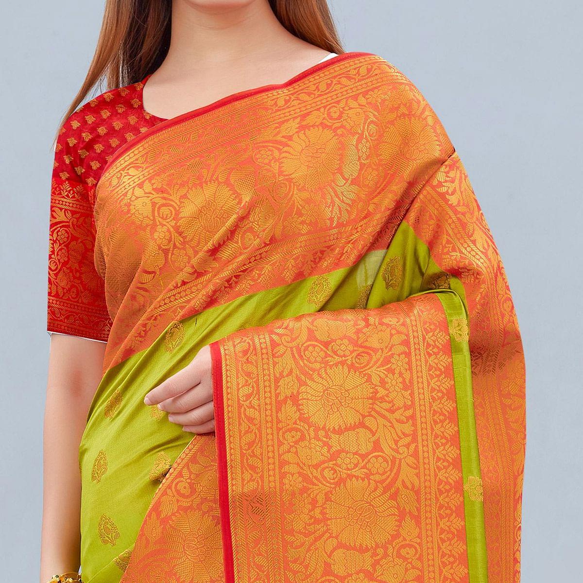 Parrot Green Woven Banarasi Silk Saree - Peachmode
