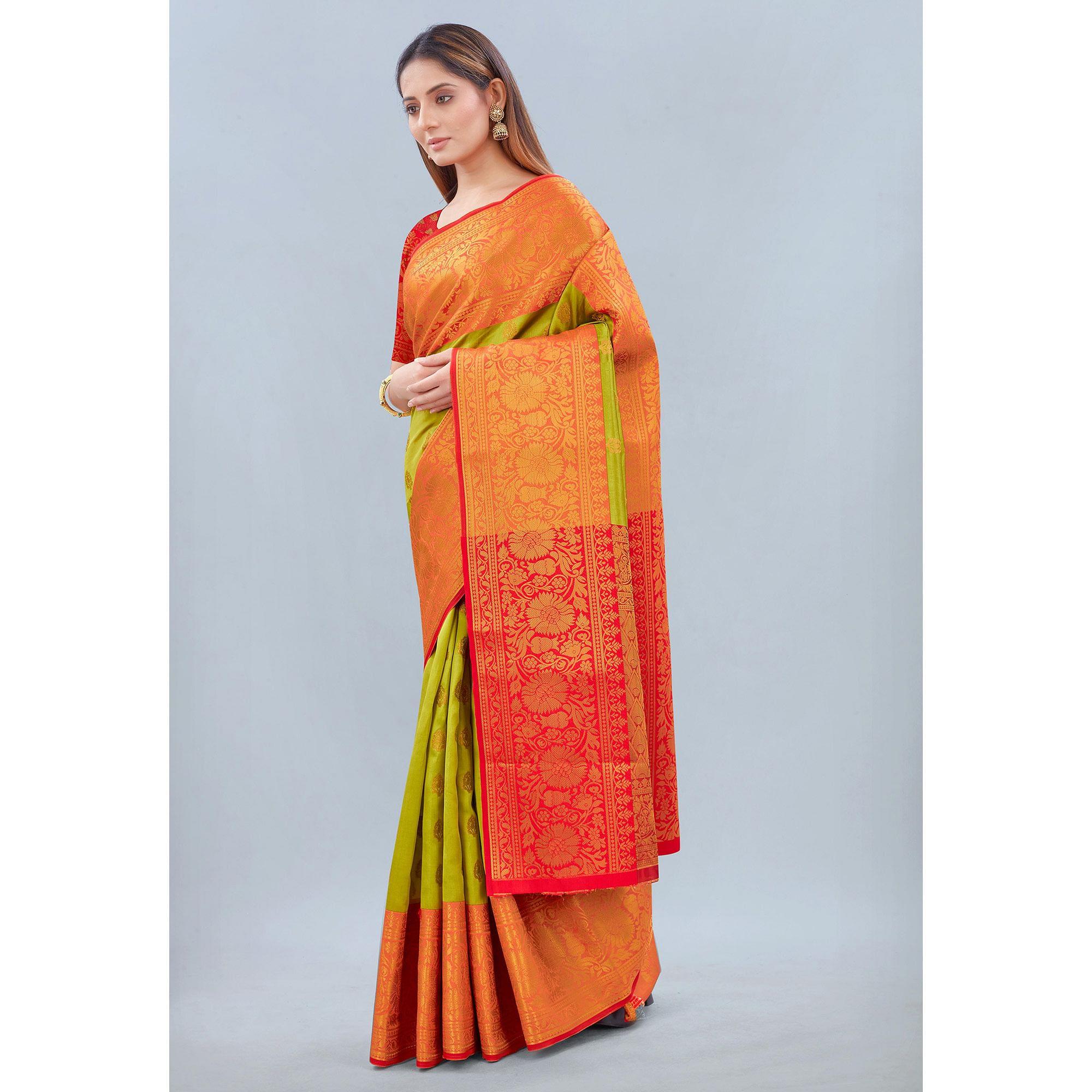 Parrot Green Woven Banarasi Silk Saree - Peachmode