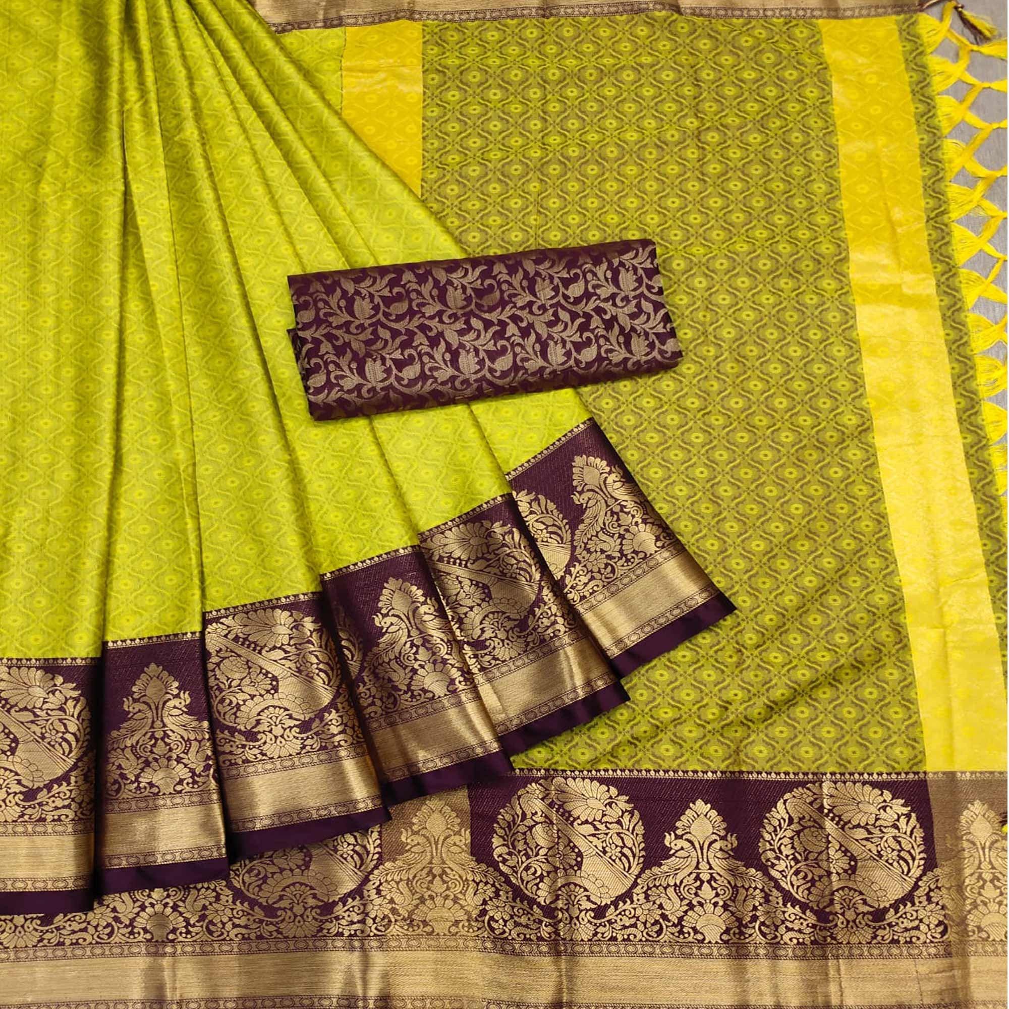 Parrot Green Woven Cotton Silk Saree - Peachmode