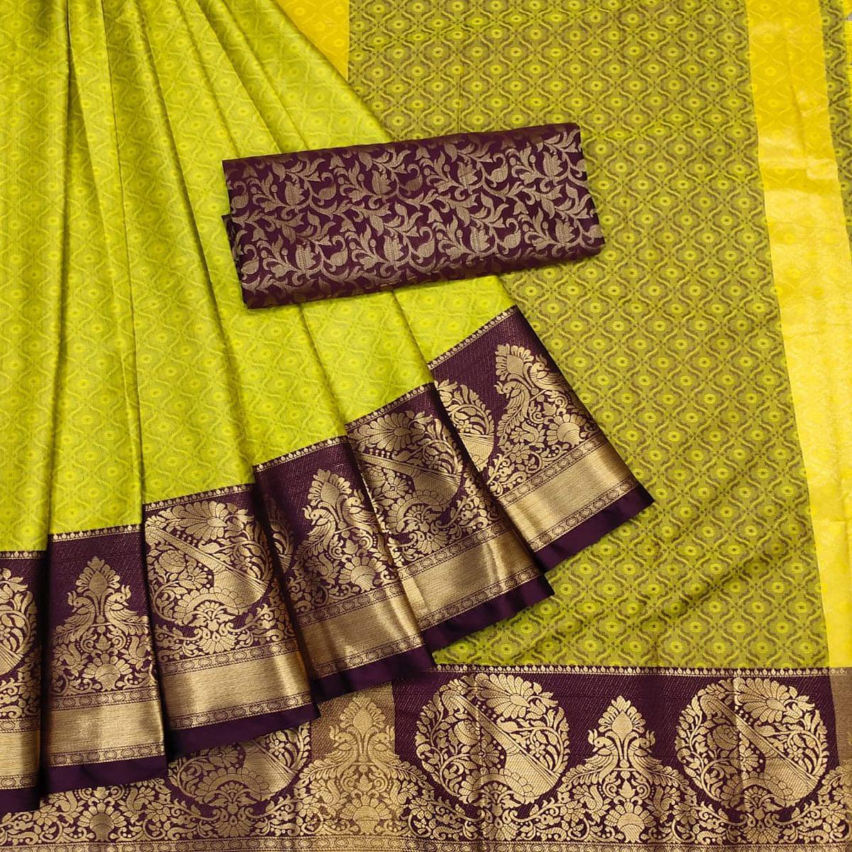 Parrot Green Woven Cotton Silk Saree - Peachmode