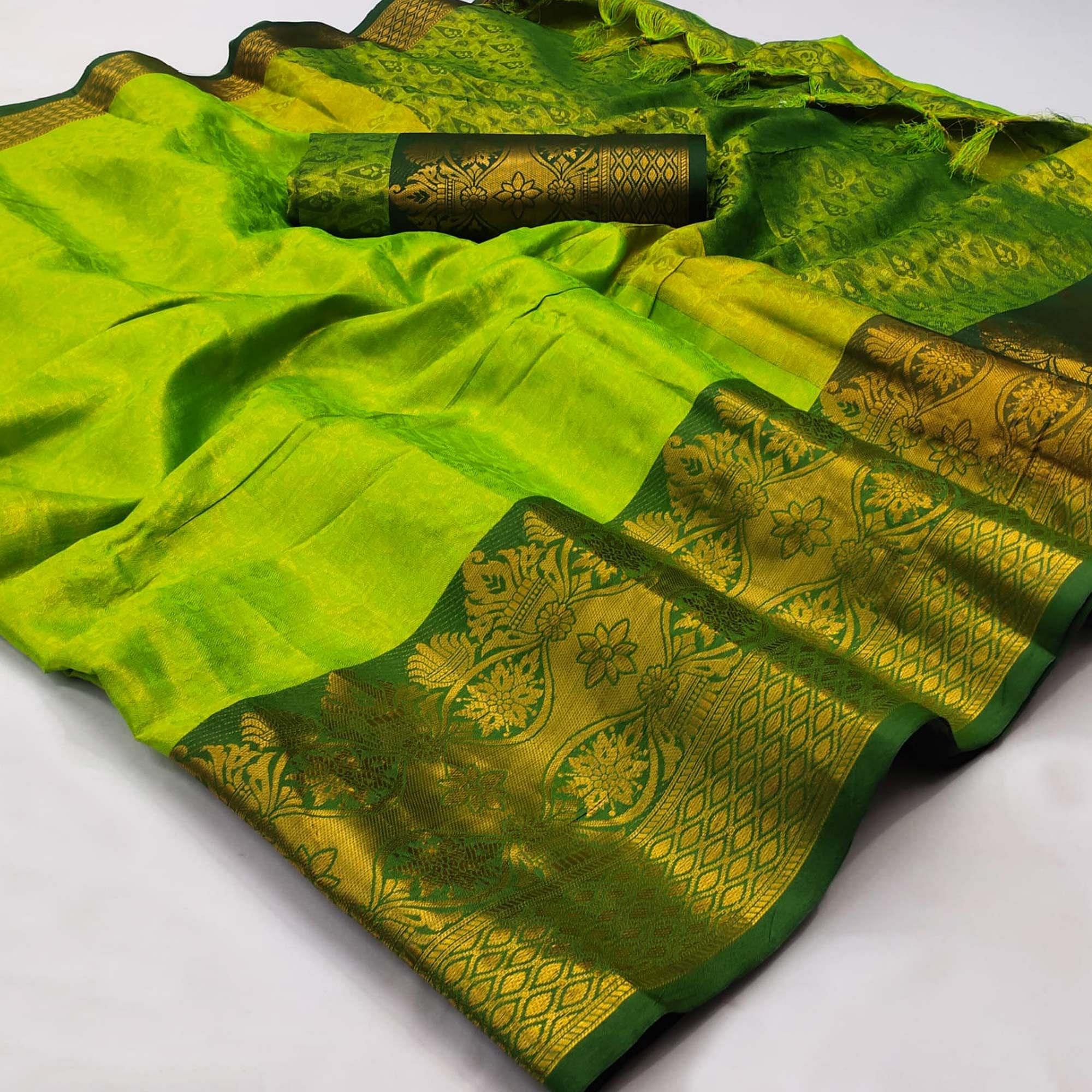 Parrot Green Woven Cotton Silk Saree - Peachmode