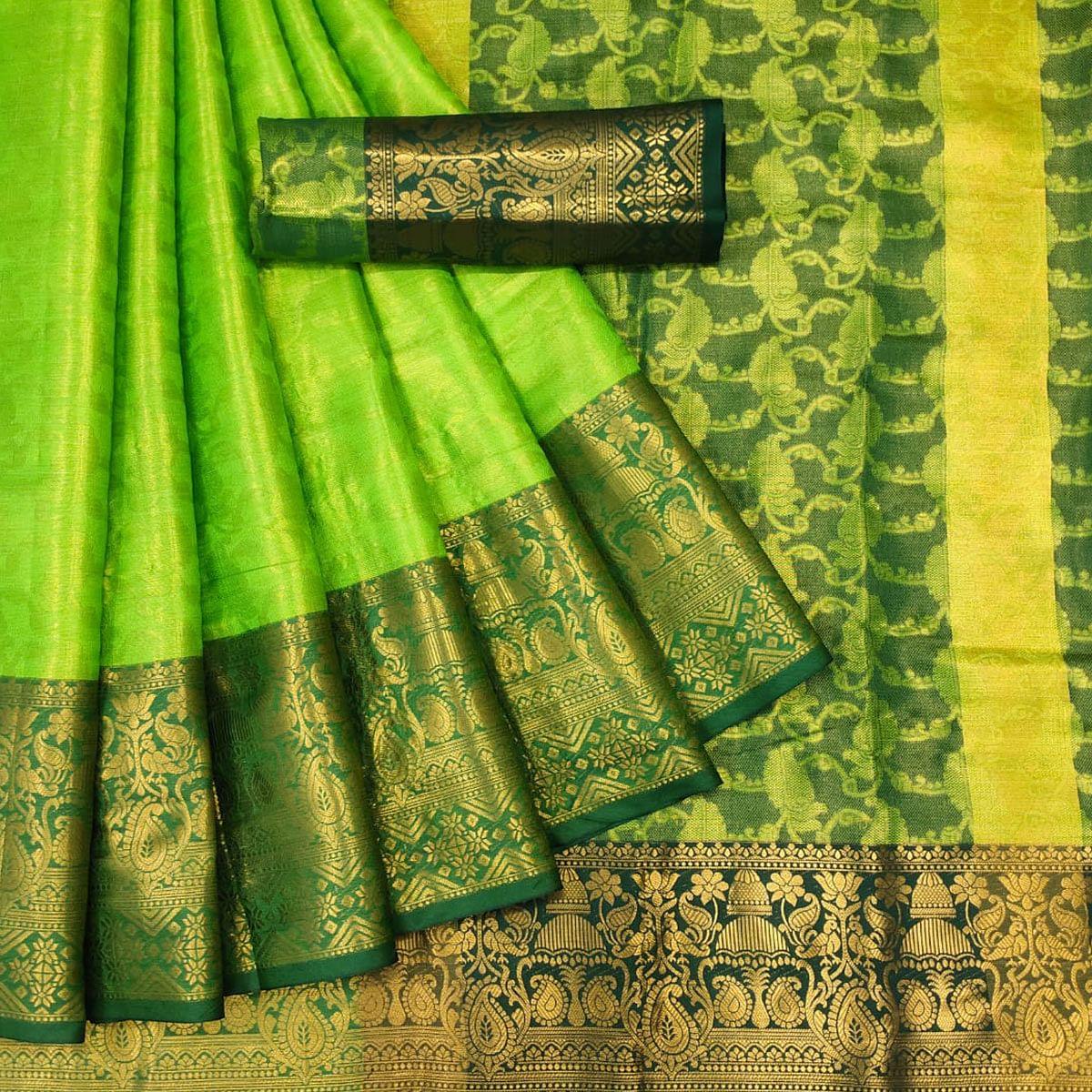 Parrot Green Woven Cotton Silk Saree - Peachmode