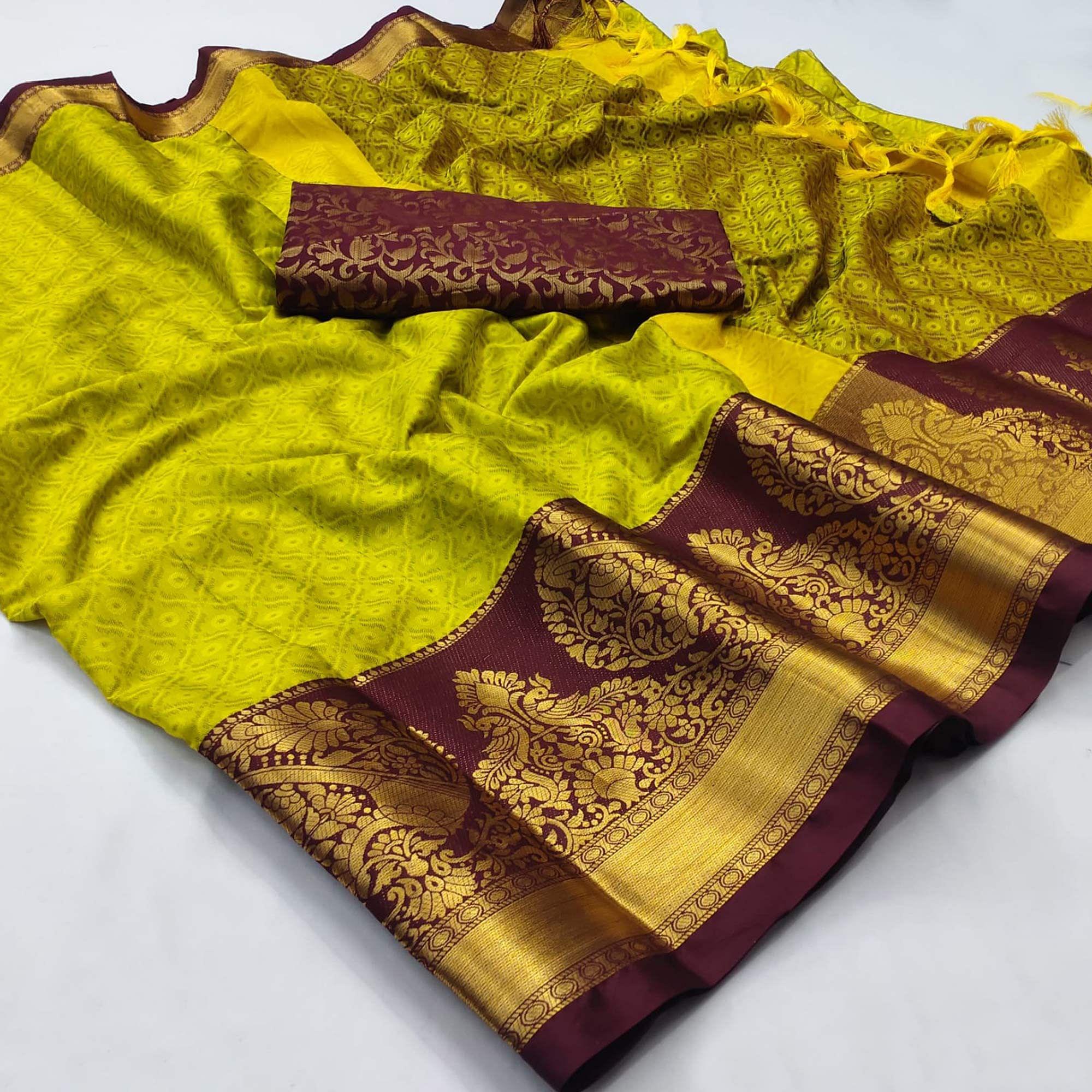 Parrot Green Woven Cotton Silk Saree - Peachmode