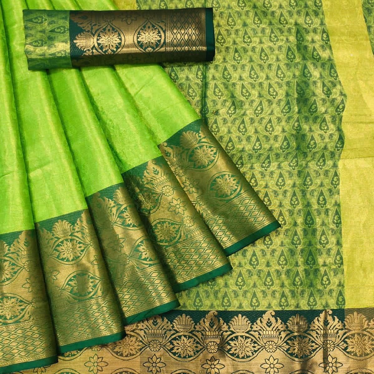 Parrot Green Woven Cotton Silk Saree - Peachmode