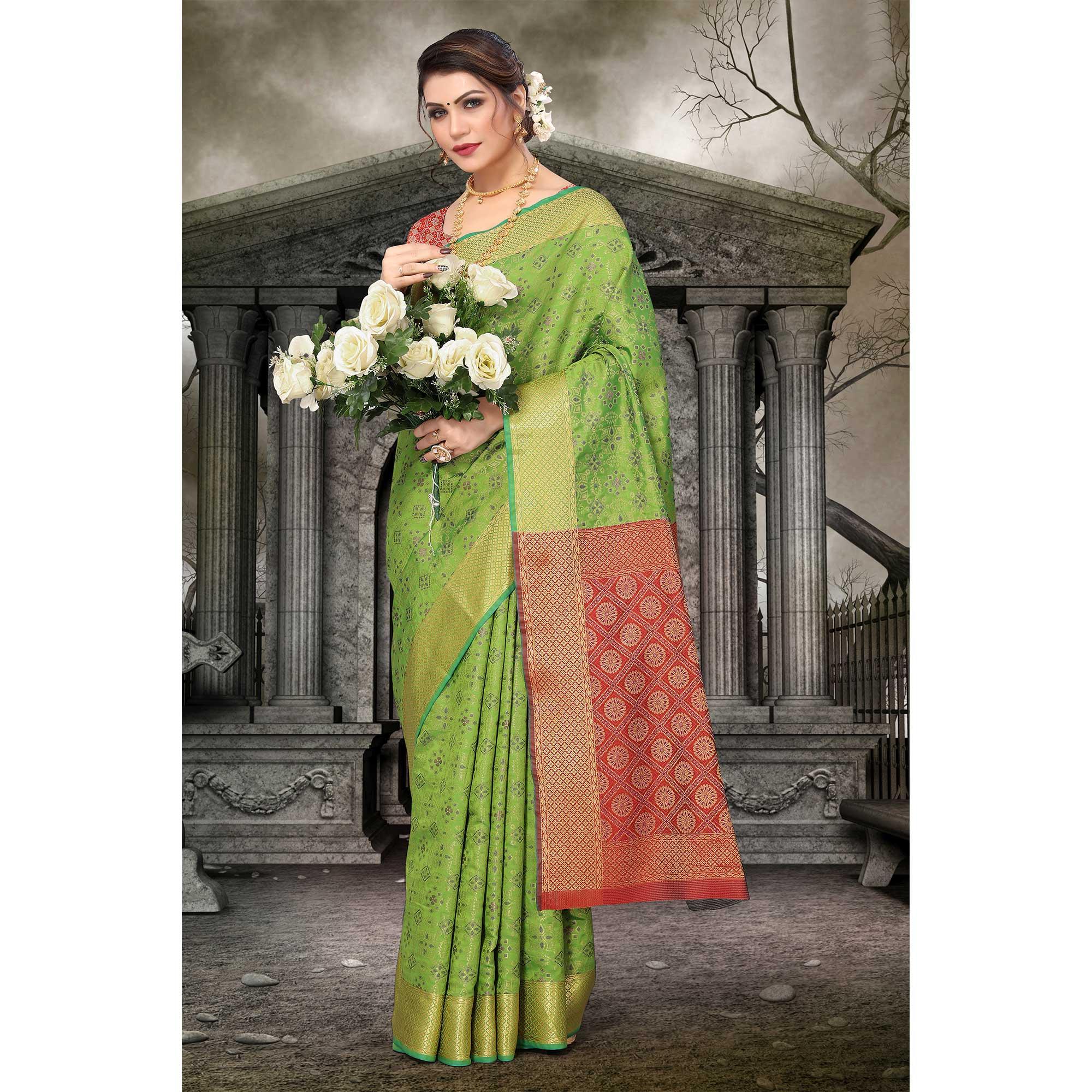 Parrot Green Woven Jacquard Saree - Peachmode