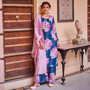 Partywear Blue Designer Floral Printed Crochet Palazzo Suit - Peachmode
