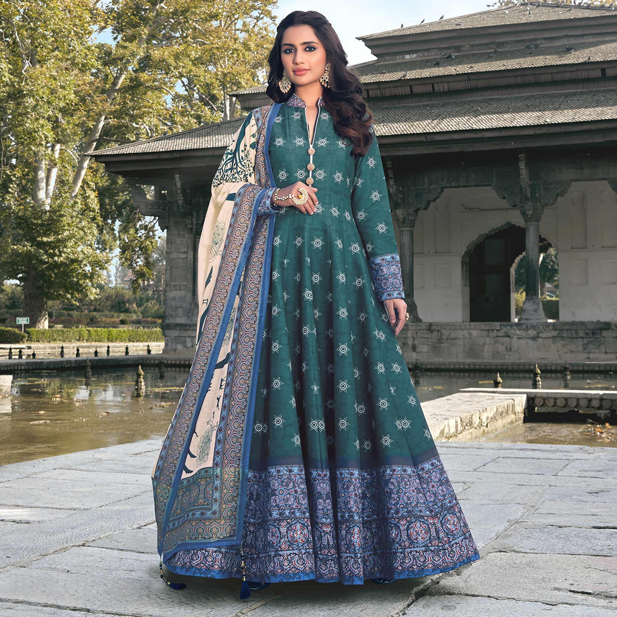 Partywear Dark Slate Blue Digital Printed Killer Silk anarkali Suit - Peachmode