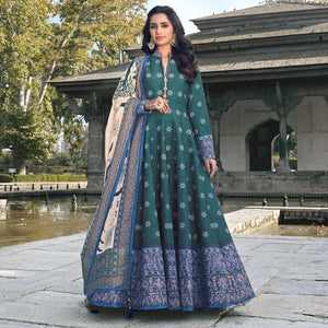 Partywear Dark Slate Blue Digital Printed Killer Silk anarkali Suit - Peachmode