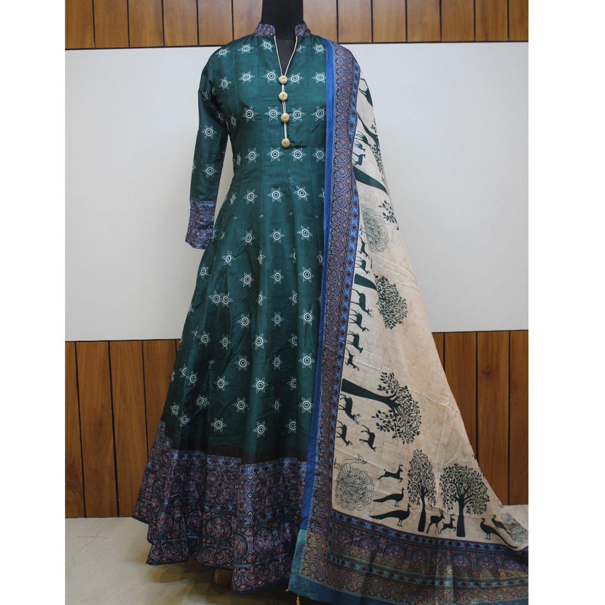 Partywear Dark Slate Blue Digital Printed Killer Silk anarkali Suit - Peachmode