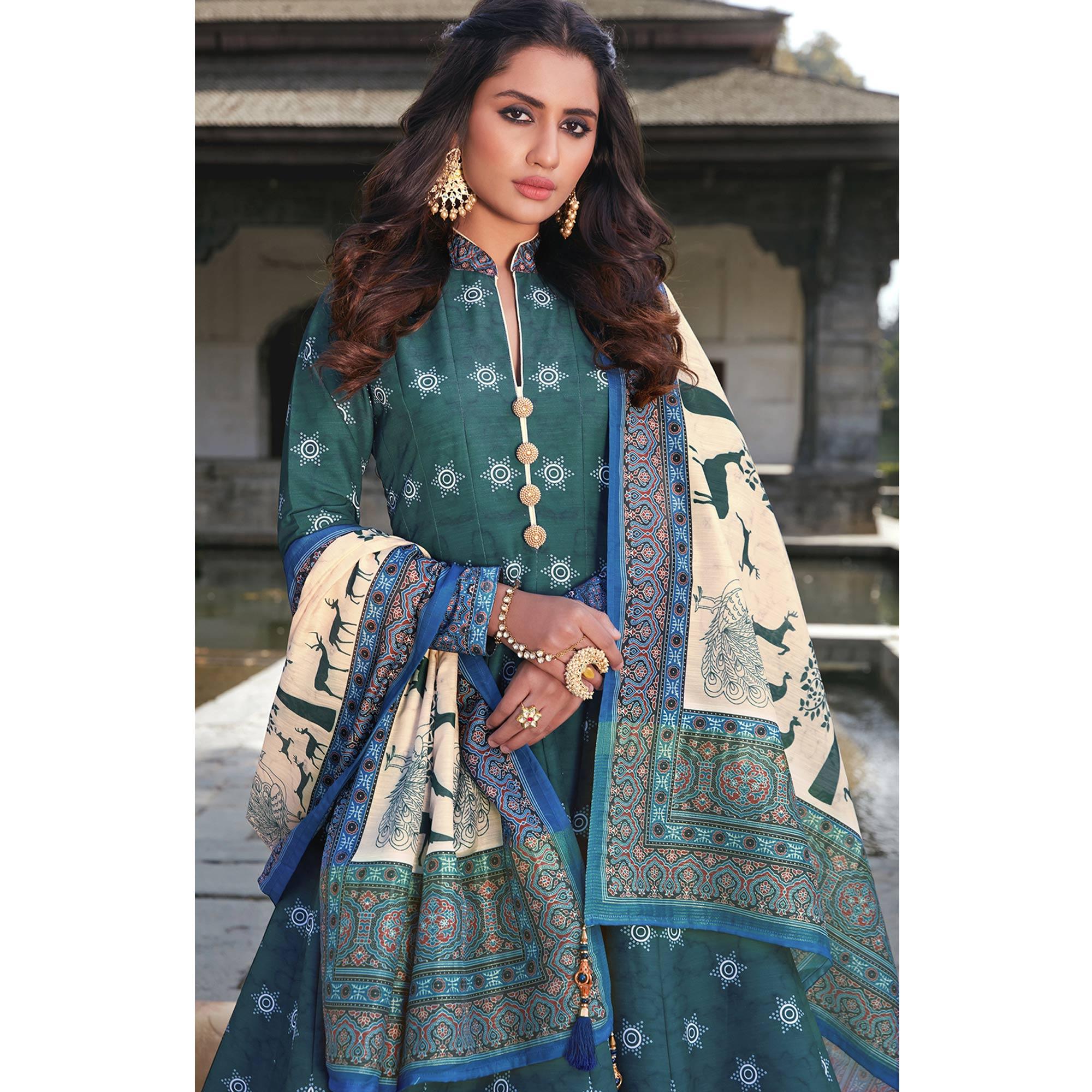 Partywear Dark Slate Blue Digital Printed Killer Silk anarkali Suit - Peachmode