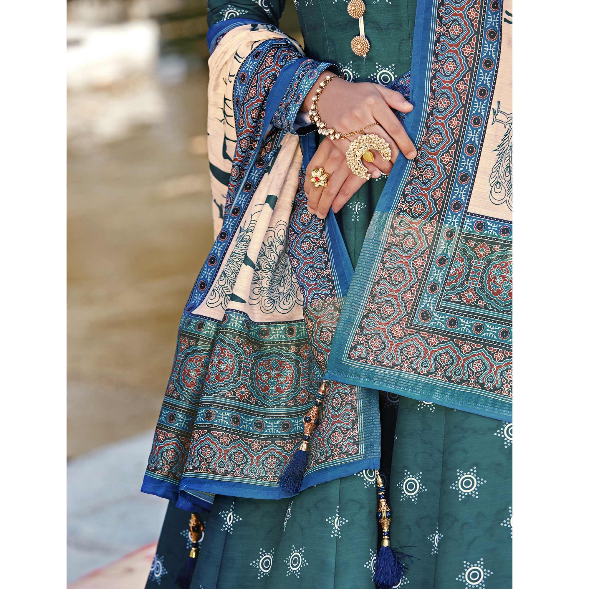 Partywear Dark Slate Blue Digital Printed Killer Silk anarkali Suit - Peachmode