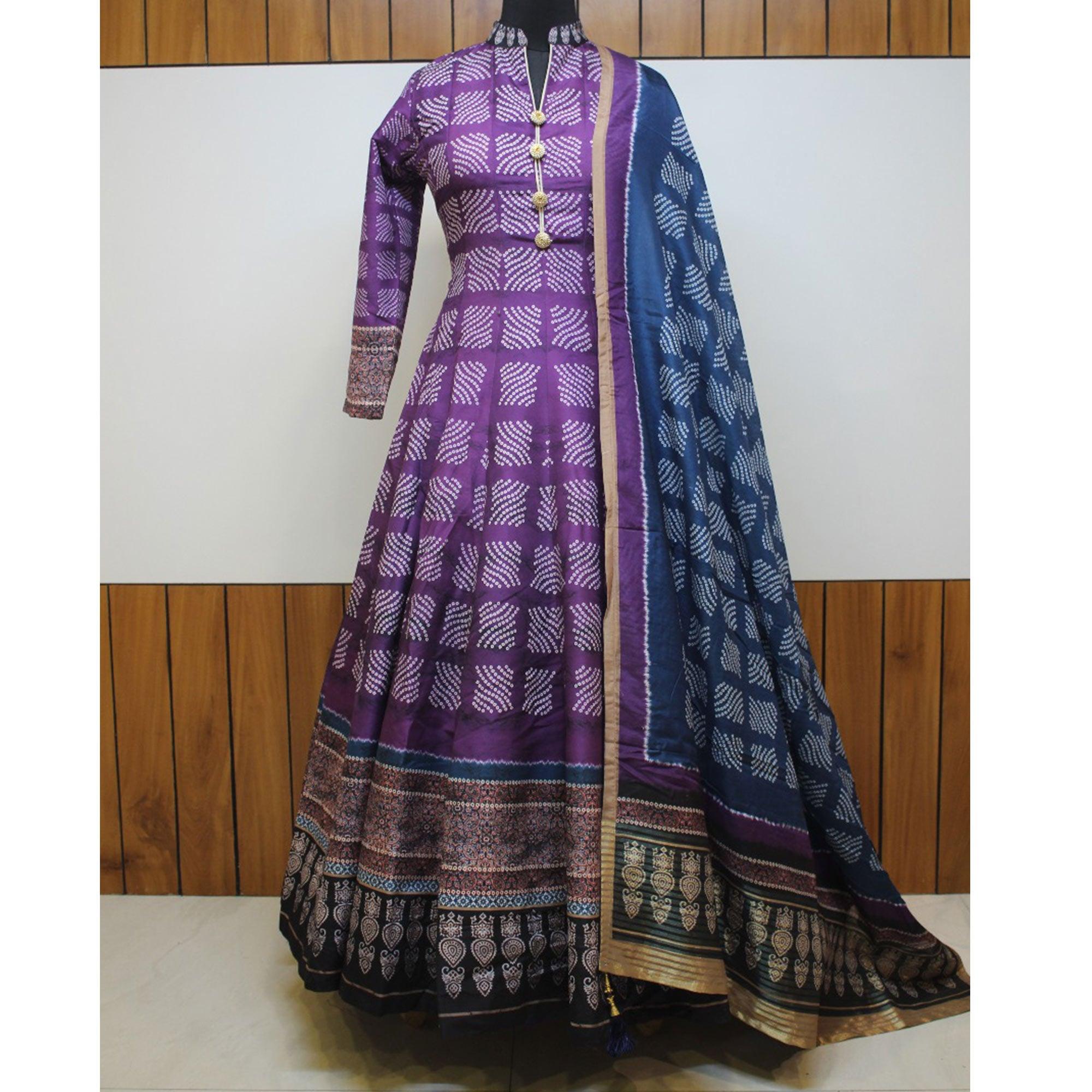 Partywear Dark Violet Digital Printed Killer Silk anarkali Suit - Peachmode
