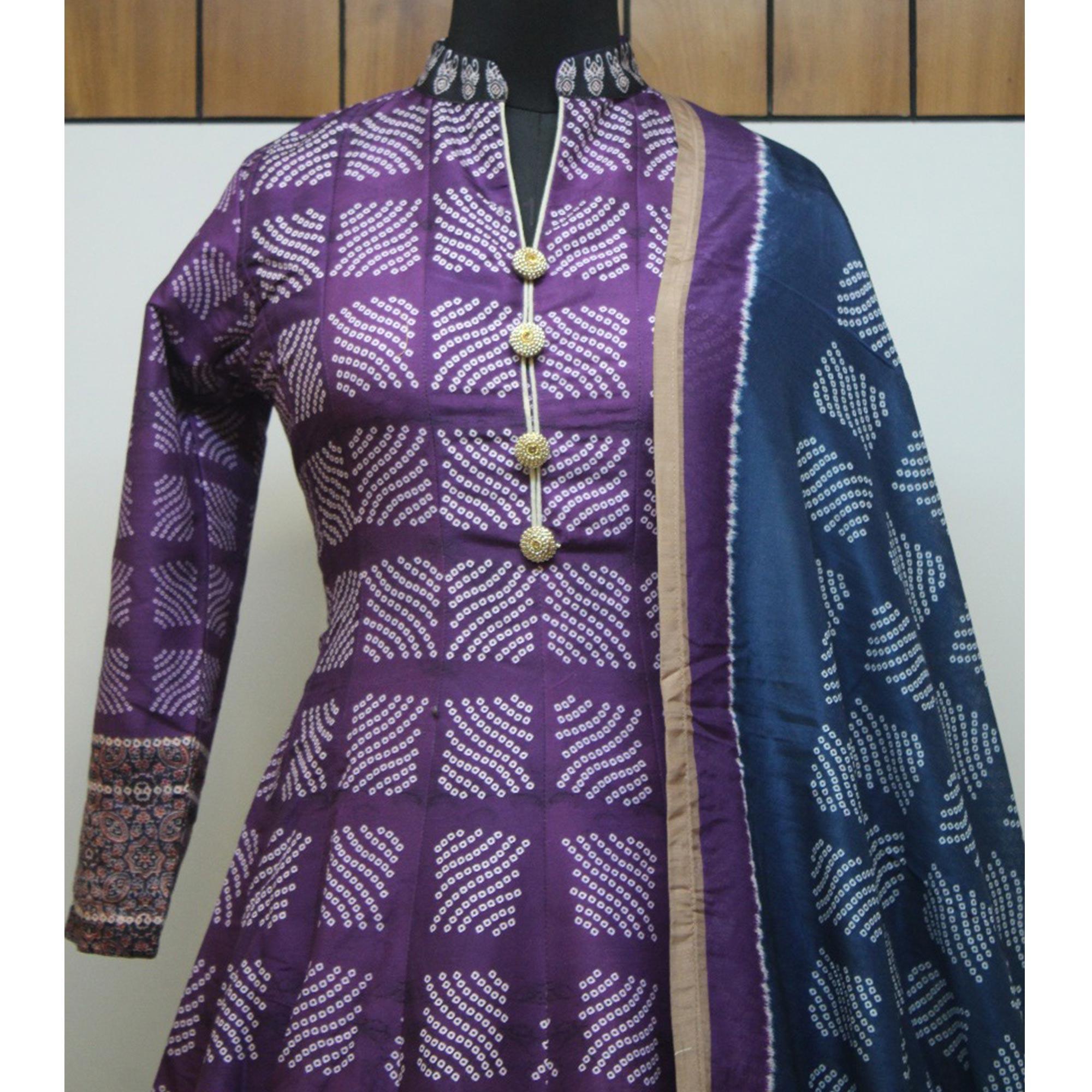 Partywear Dark Violet Digital Printed Killer Silk anarkali Suit - Peachmode