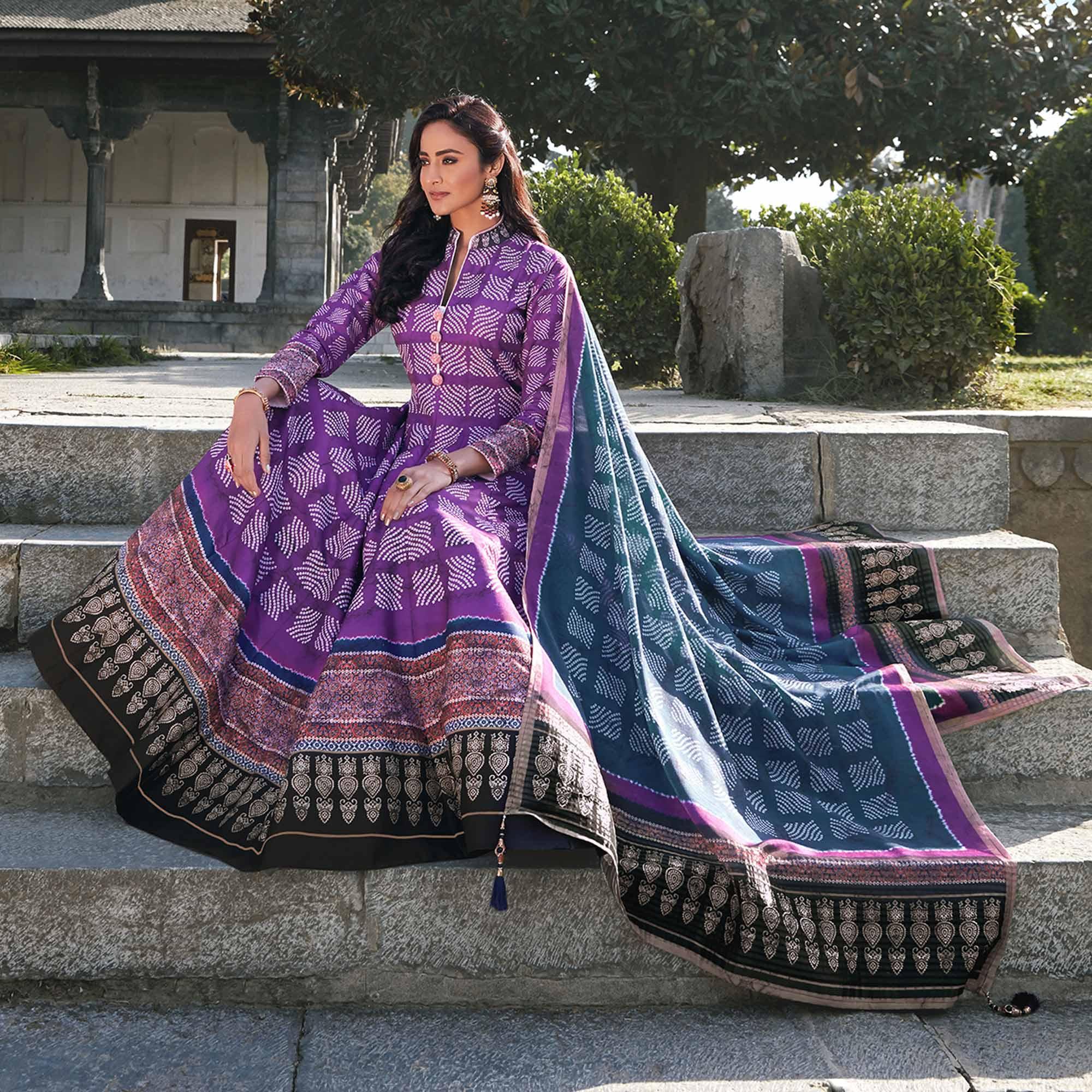 Partywear Dark Violet Digital Printed Killer Silk anarkali Suit - Peachmode