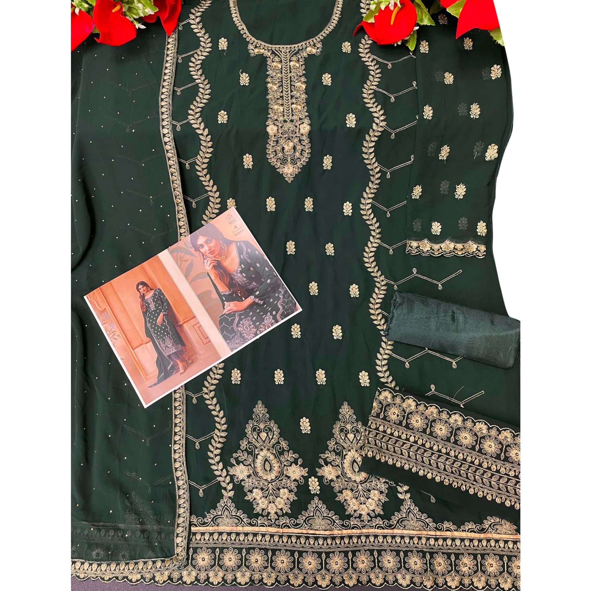 Partywear Designer Embroidered Green Heavy Faux Georgette Salwar Suit - Peachmode