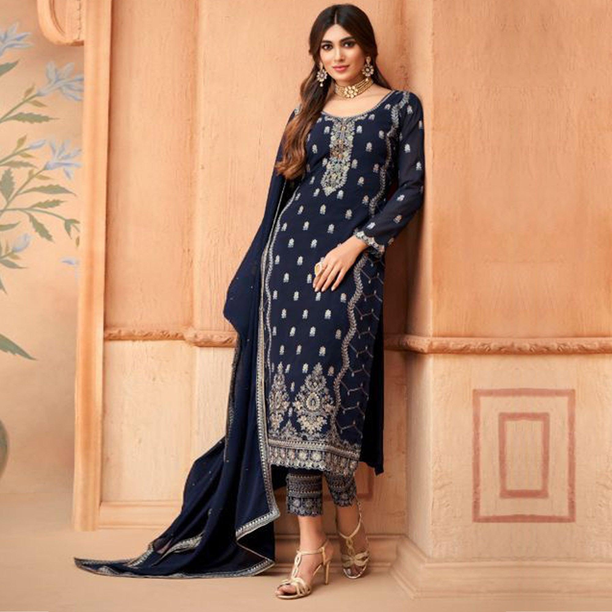Partywear Designer Embroidered Royal Blue Heavy Faux Georgette Salwar Suit - Peachmode