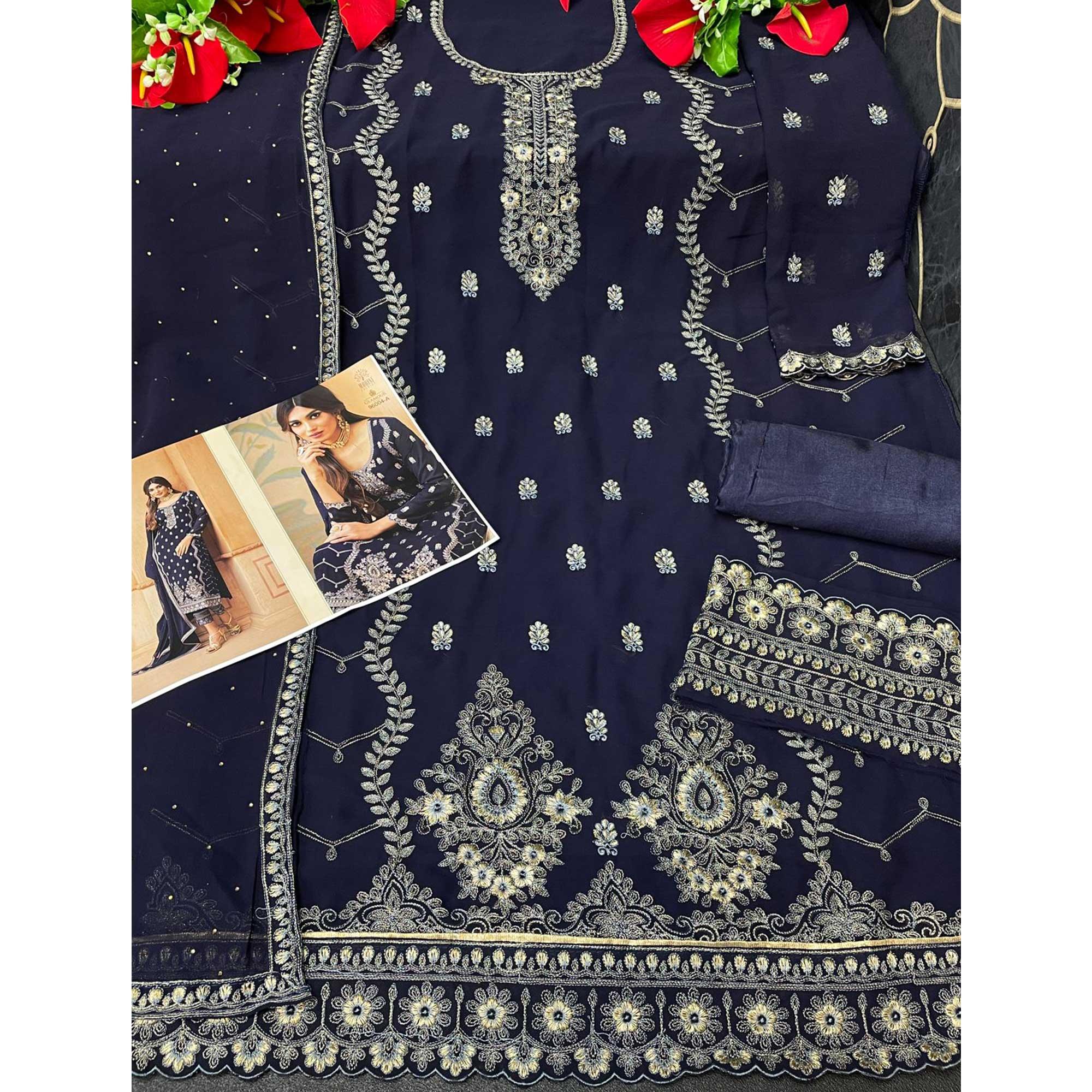 Partywear Designer Embroidered Royal Blue Heavy Faux Georgette Salwar Suit - Peachmode