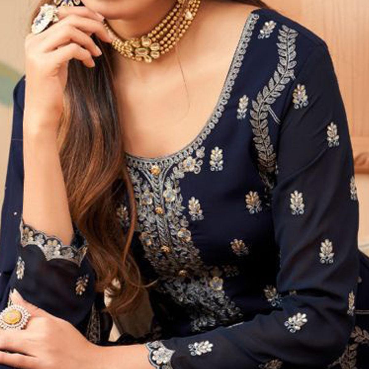 Partywear Designer Embroidered Royal Blue Heavy Faux Georgette Salwar Suit - Peachmode