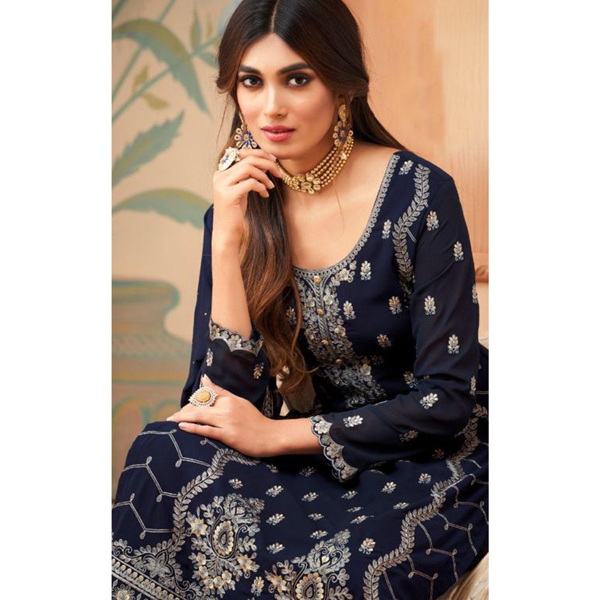 Partywear Designer Embroidered Royal Blue Heavy Faux Georgette Salwar Suit - Peachmode
