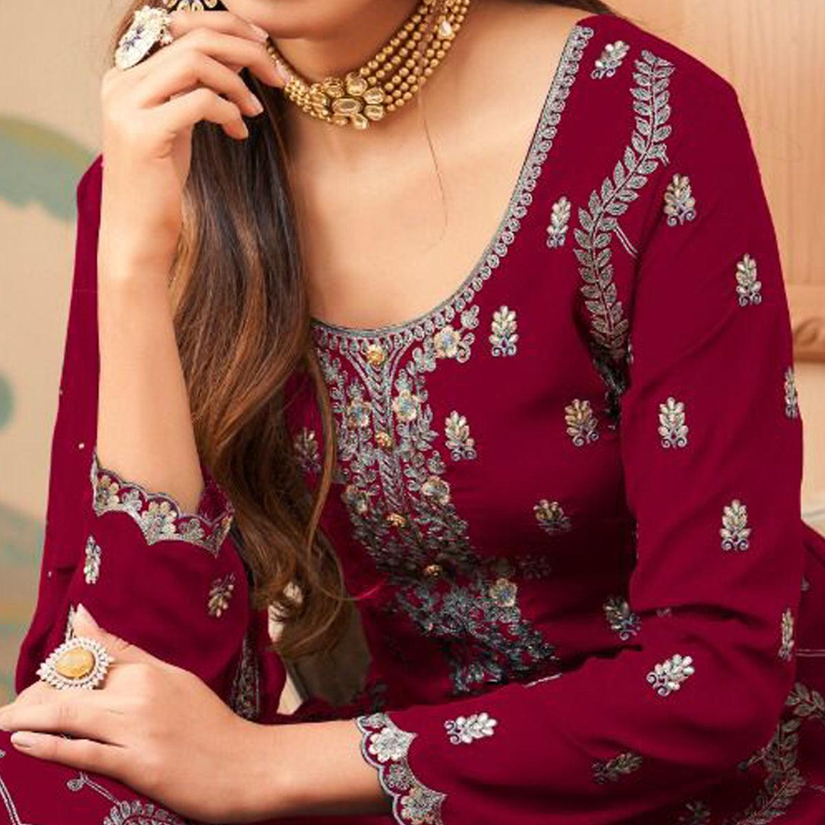 Partywear Designer Embroidered Wine Heavy Faux Georgette Salwar Suit - Peachmode