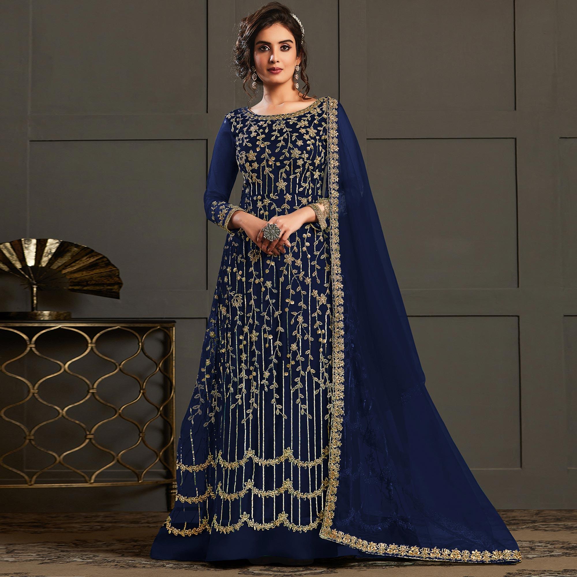 Partywear Designer Embroidery & Cording Navy Blue Heavy Butterfly Net Anarkali Suit - Peachmode
