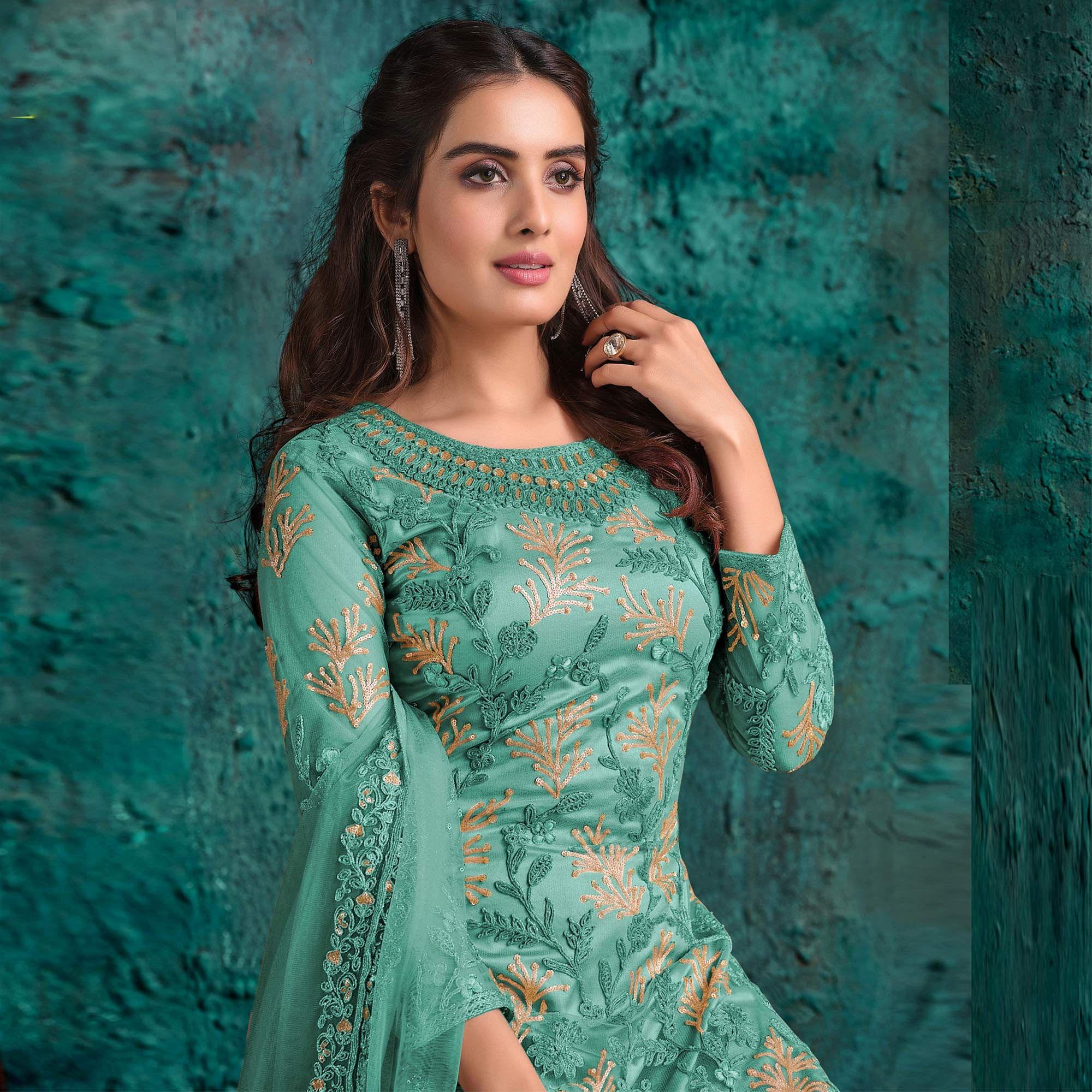 Partywear Designer Embroidery Light Aqua Heavy Butterfly Net Salwar Suit - Peachmode