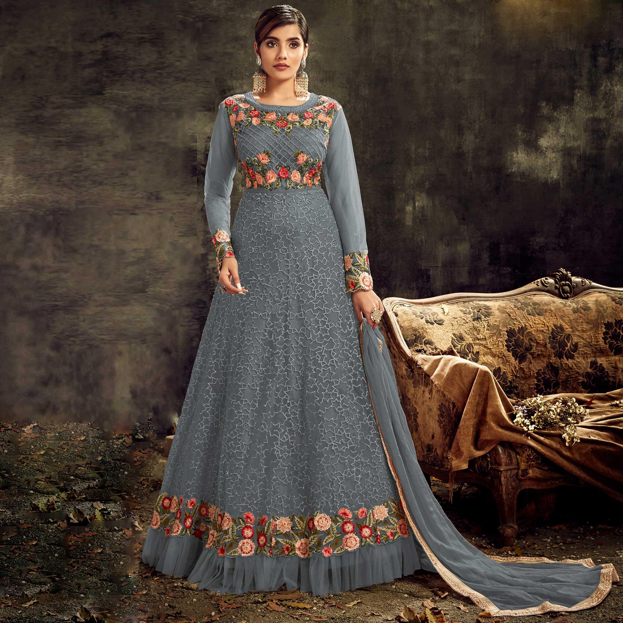 Partywear Designer Embroidery With Stone Work Grey Heavy Butterfly Net Anarkali Suit - Peachmode